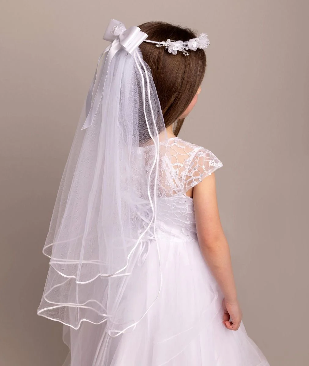 Girls White Floral Tiara & Bow Veil - CMV-2330 - Image 2