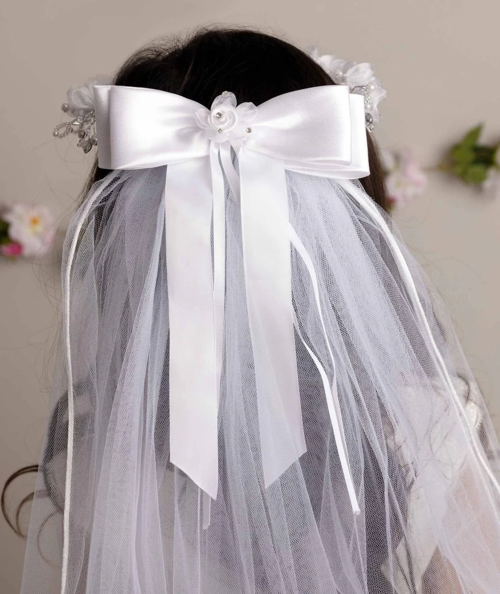 Girls White Floral Tiara & Bow Veil - CMV-2330 - Image 6
