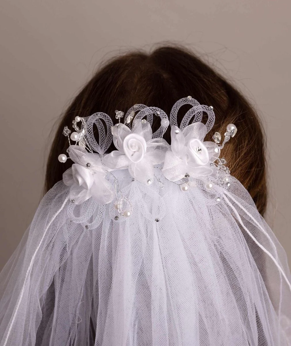 Girls White Floral & Pearl Tulle Veil - CMV-2331 - Image 3