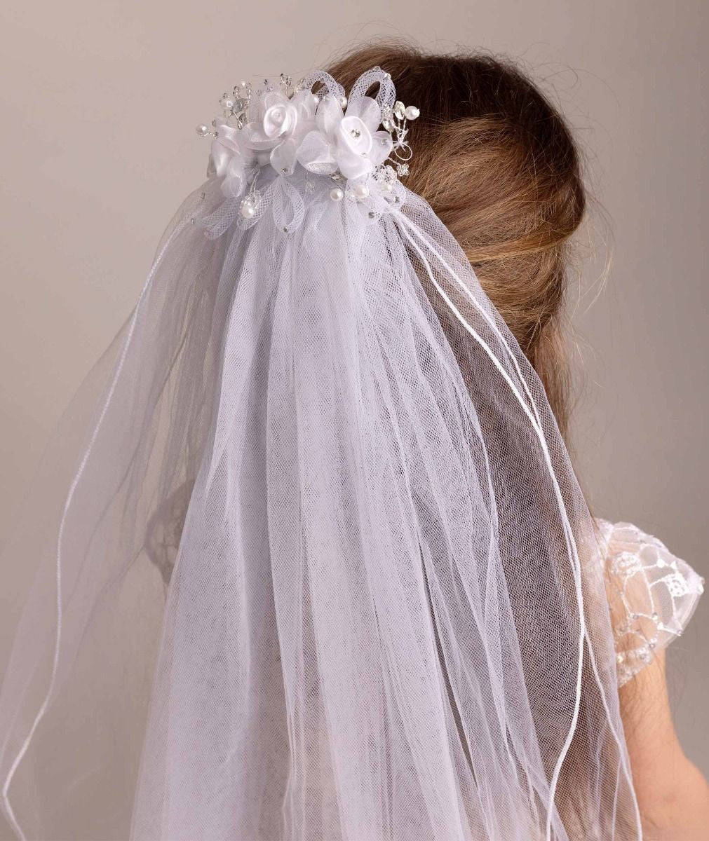 Girls White Floral & Pearl Tulle Veil - CMV-2331 - Image 4