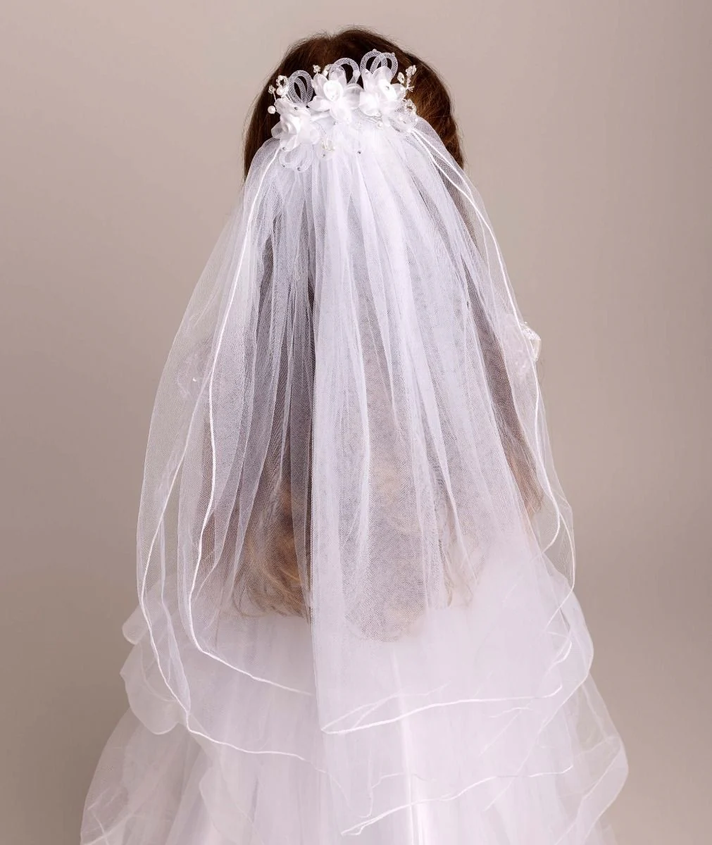 Girls White Floral & Pearl Tulle Veil - CMV-2331 - Image 5