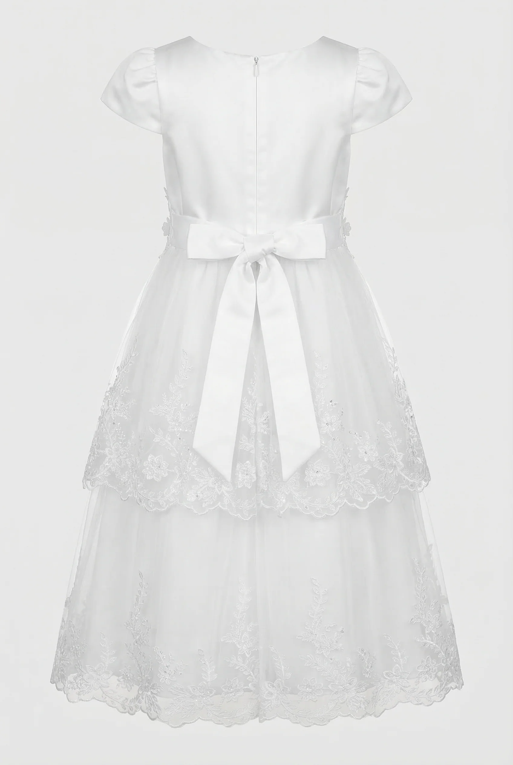 Girls White Full Length Communion Dress with Floral Lace - Image 3