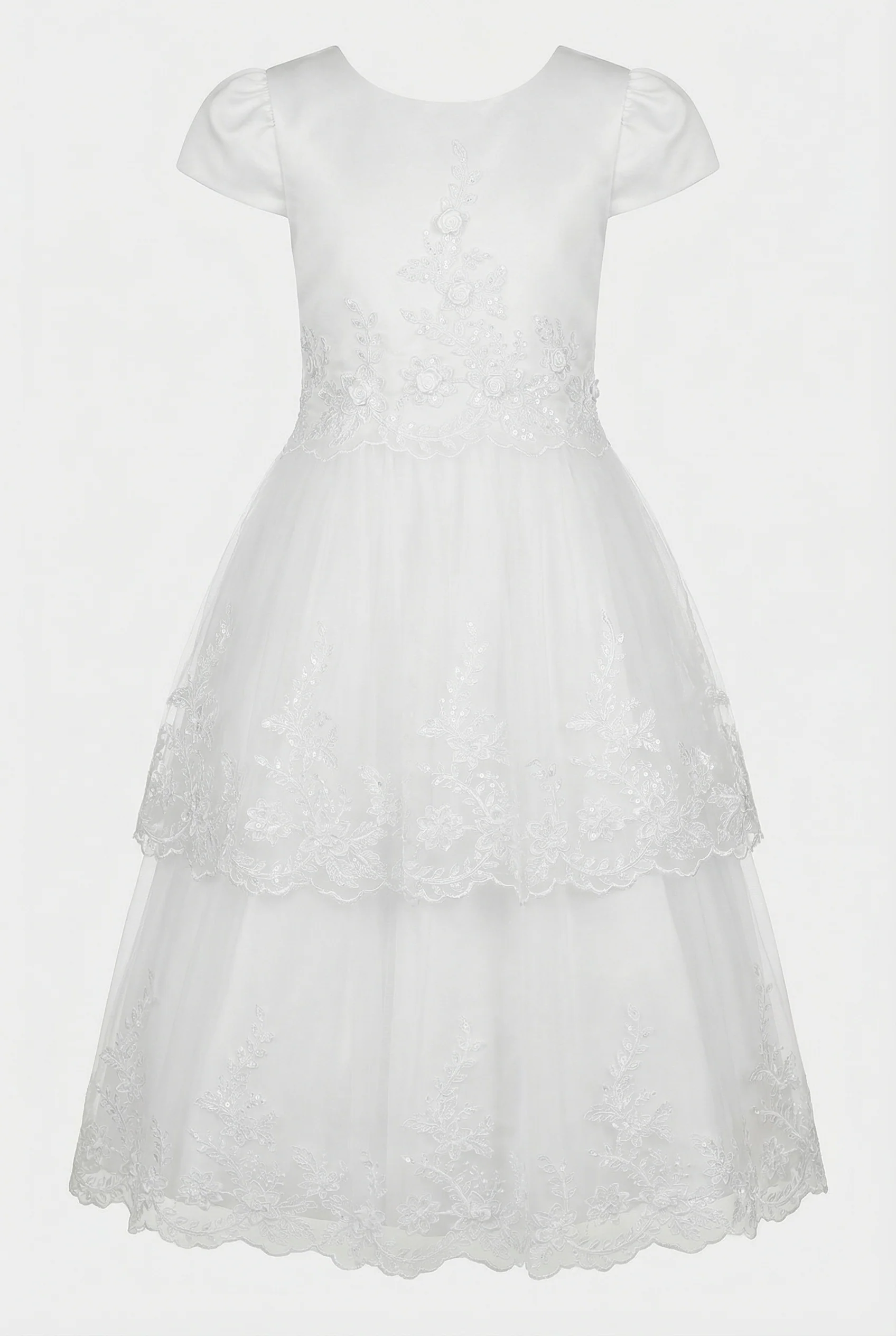 Girls White Full Length Communion Dress with Floral Lace - Image 4