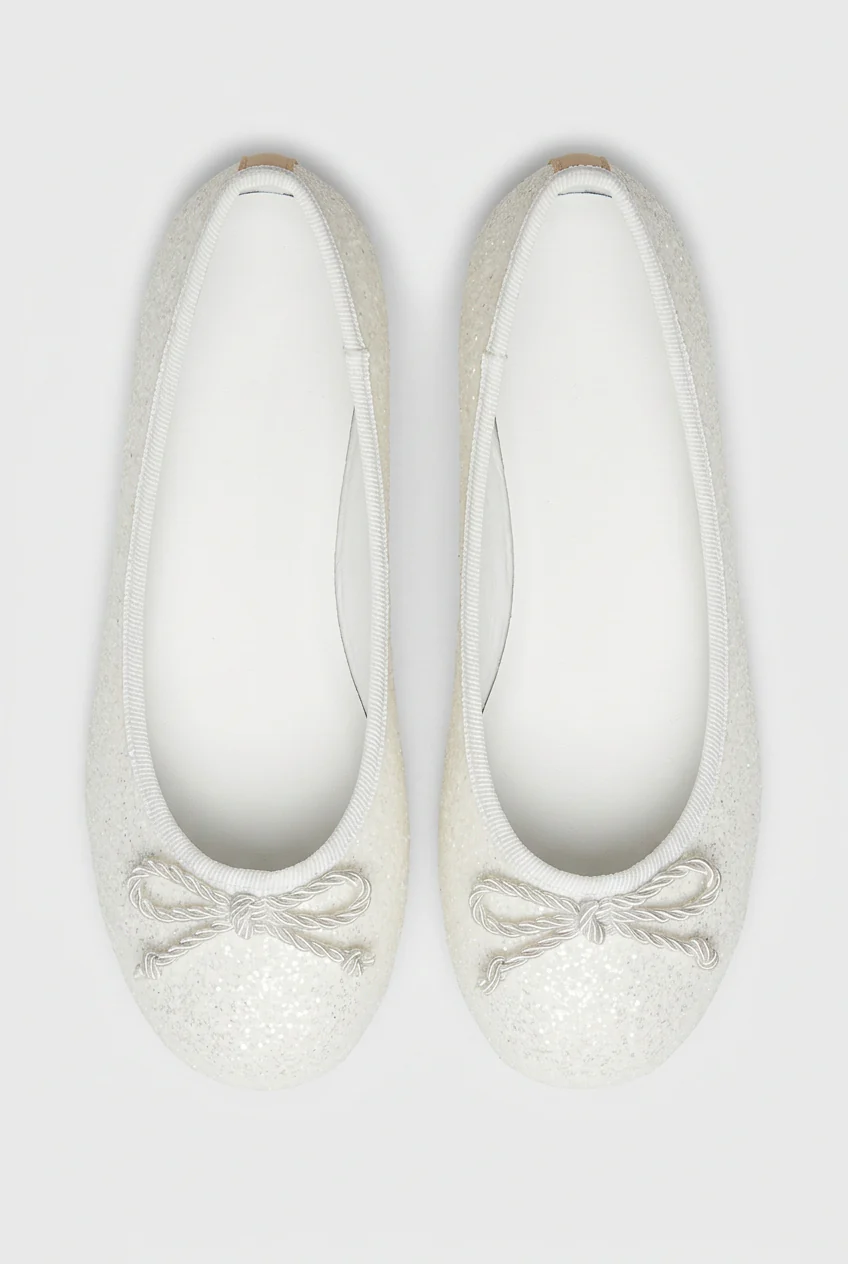 Girls White Glitter Ballet Flats with Bow - Image 2