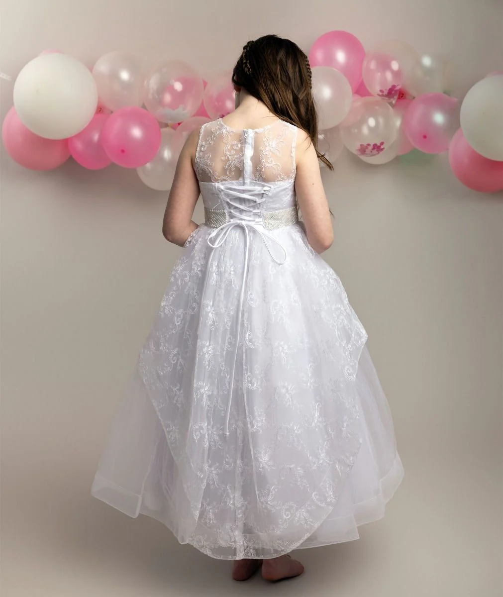 Girls White Lace Sequined Dress with Corset Back - NANCY - White - Image 3