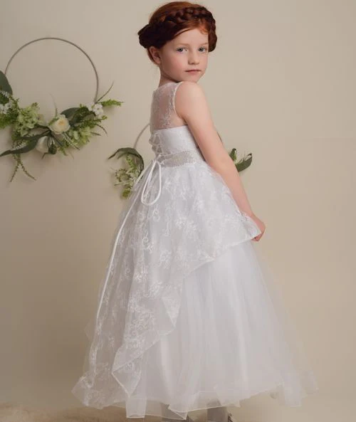 Girls White Lace Sequined Dress with Corset Back - NANCY - White - Image 4