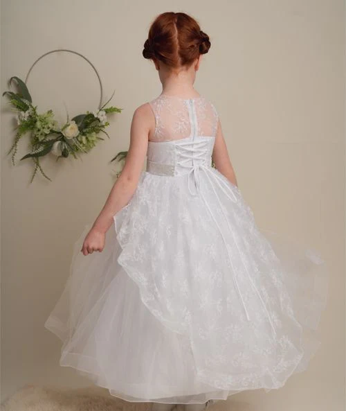 Girls White Lace Sequined Dress with Corset Back - NANCY - White - Image 5