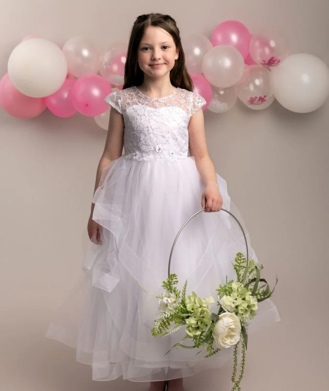 Girls White Layered Tulle Dress with Corset Back - TERRESA - White - Image 4