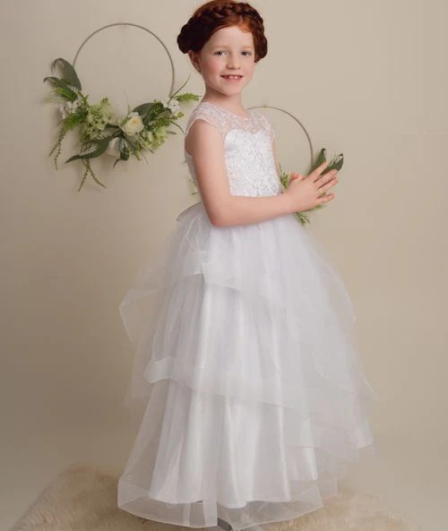Girls White Layered Tulle Dress with Corset Back - TERRESA - White - Image 6