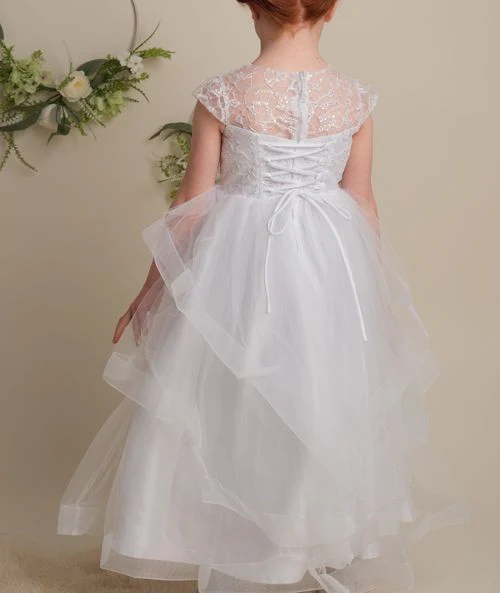 Girls White Layered Tulle Dress with Corset Back - TERRESA - White - Image 7