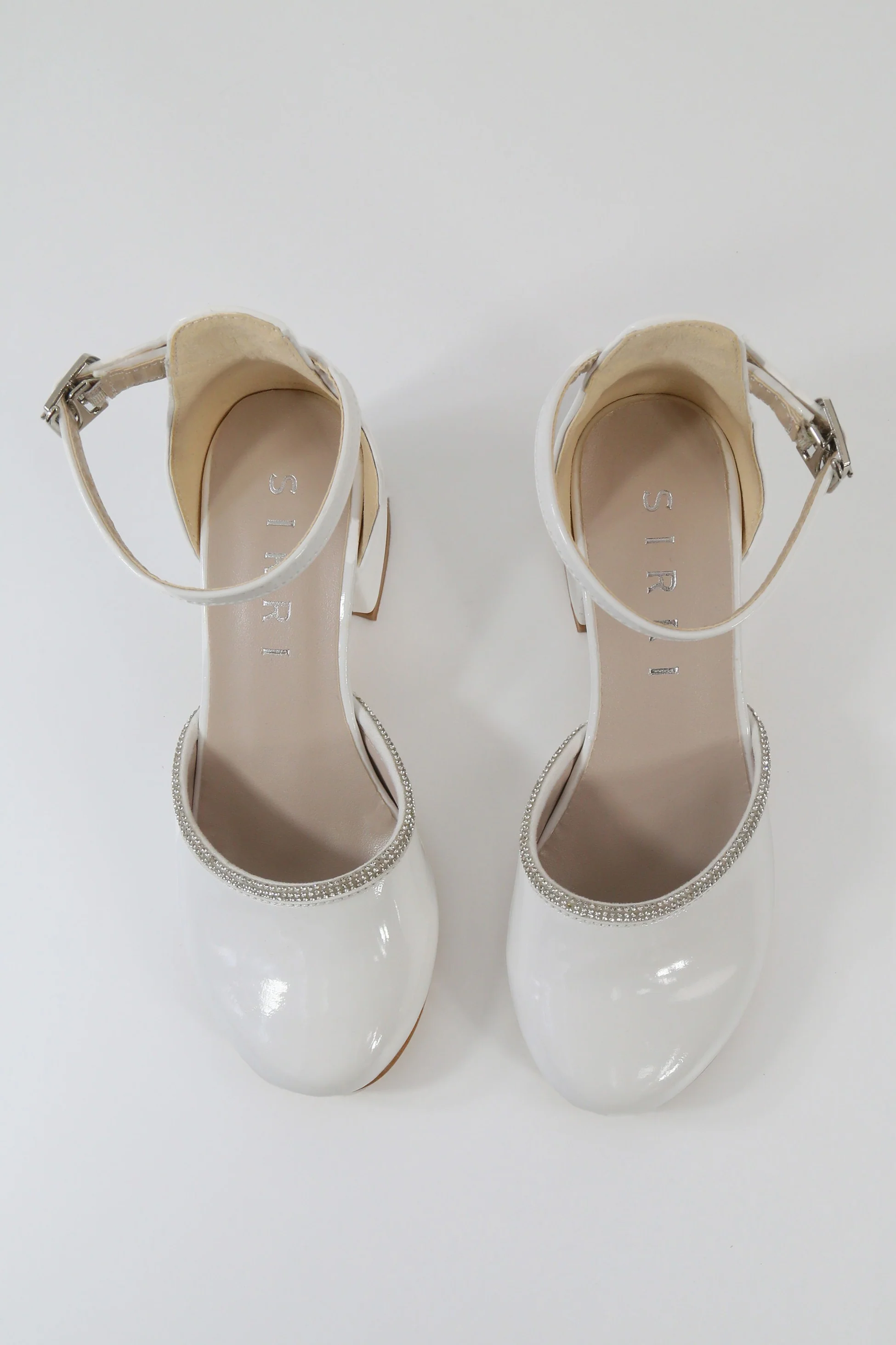 Girls' White Patent Block Heel Shoes With Rhinestone Trim – CHARM - White - Image 2