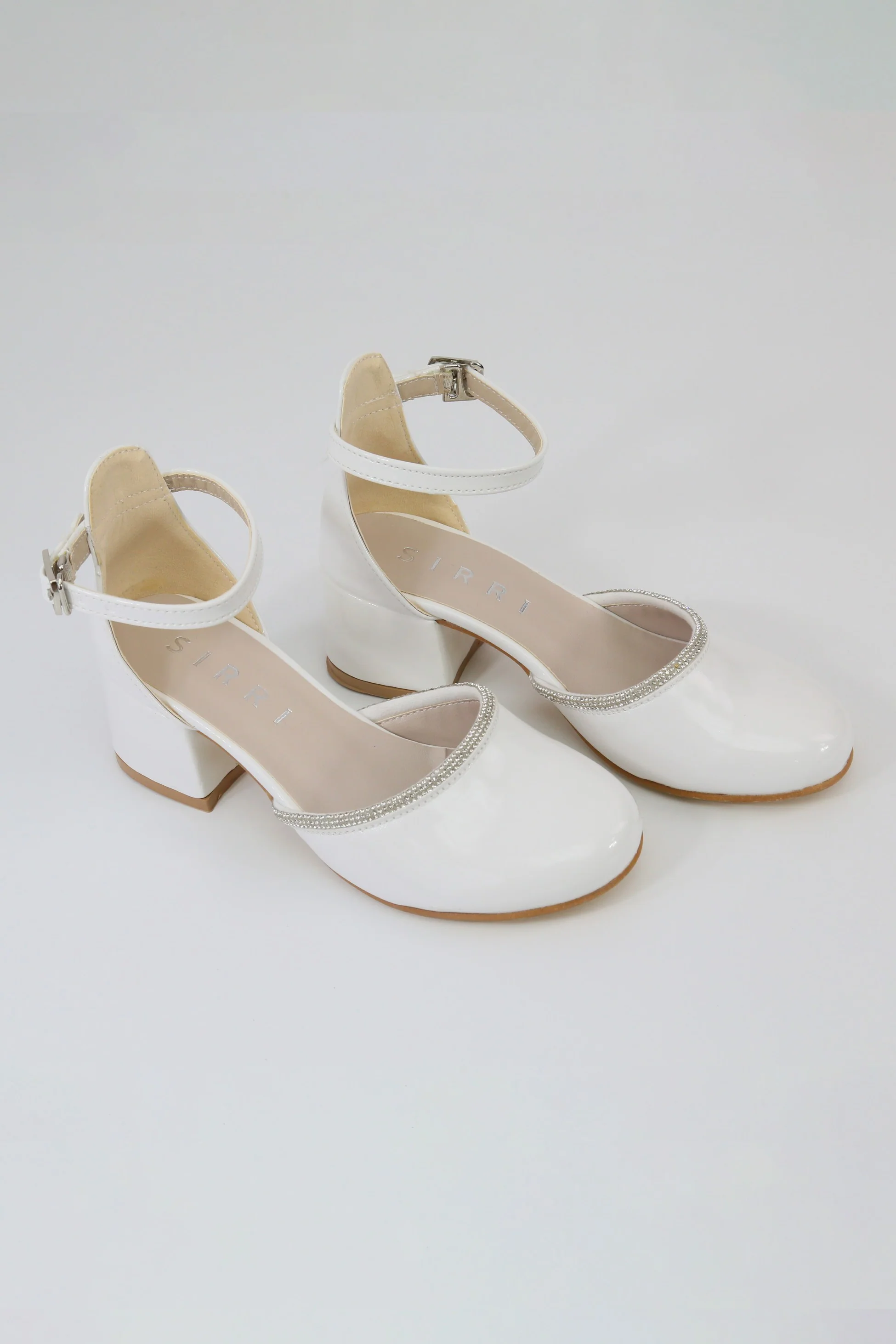 Girls' White Patent Block Heel Shoes With Rhinestone Trim – CHARM - White - Image 3