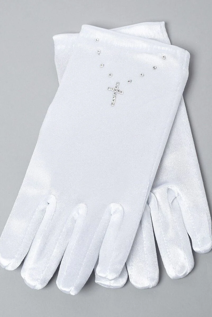 Girls' White Satin Gloves with Rhinestone Cross - JASMINE - White - Image 2