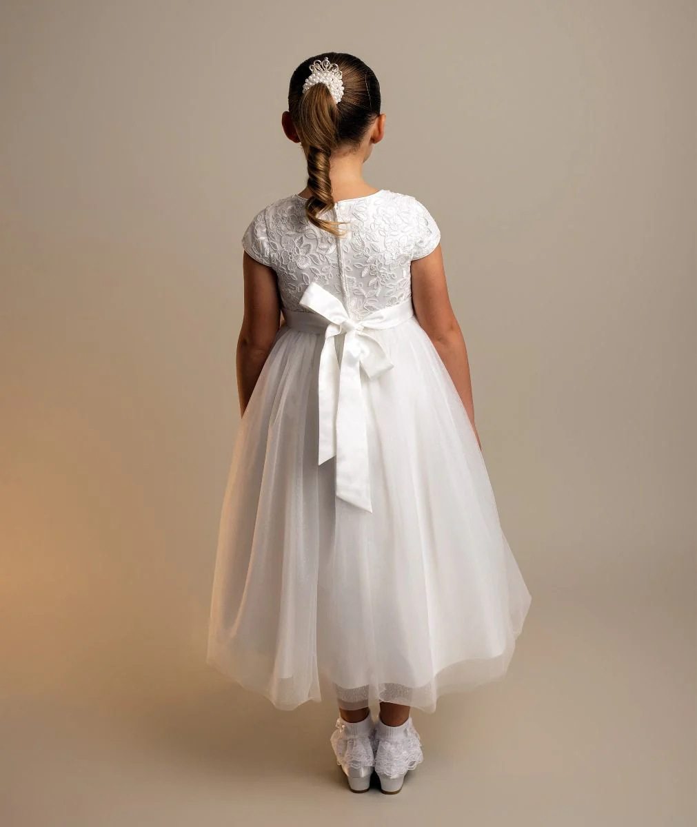 Ivory Floral Embroidery Flower Girl Dress with Bow - Kayla - Image 2