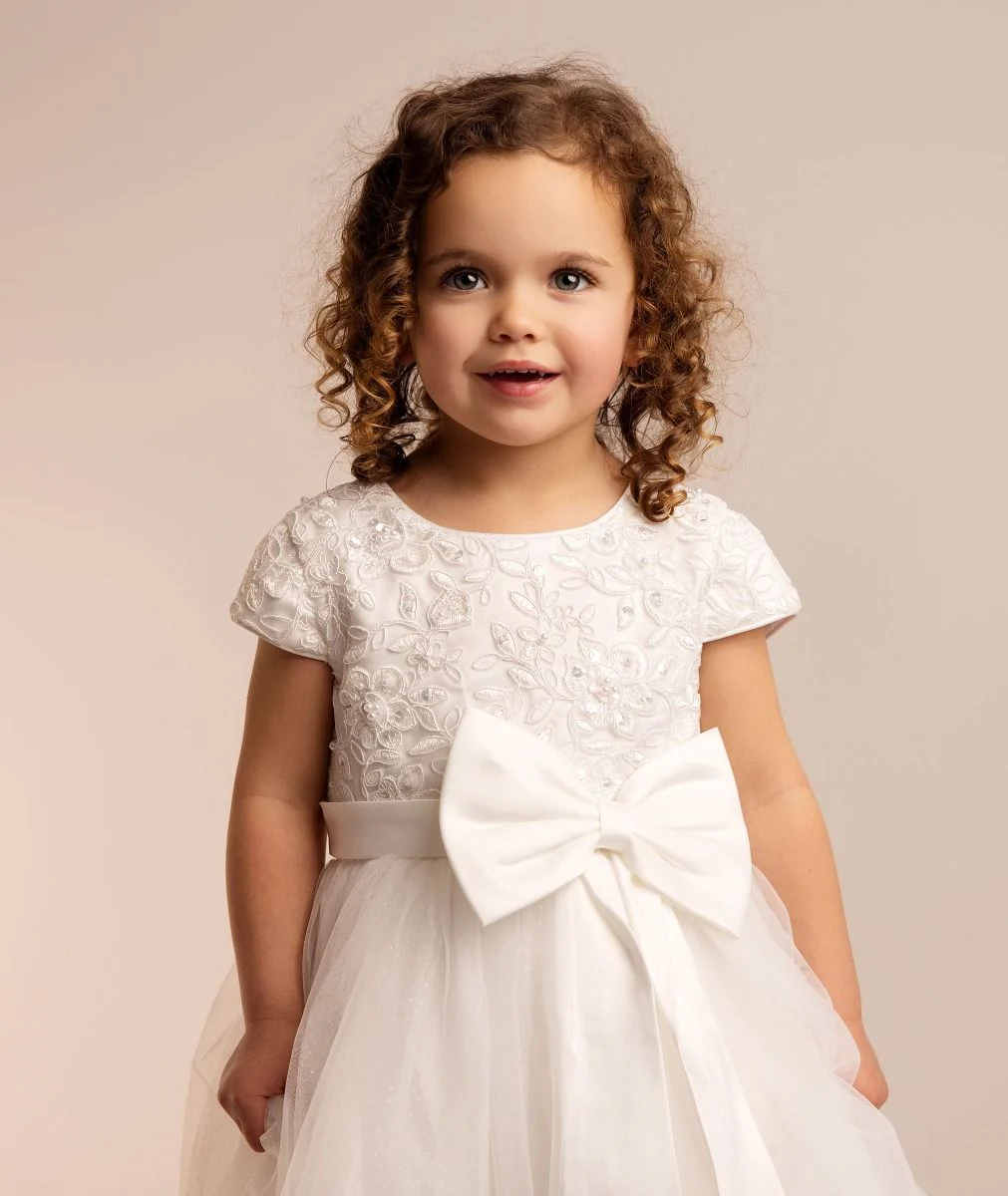 Ivory Floral Embroidery Flower Girl Dress with Bow - Kayla - Image 6