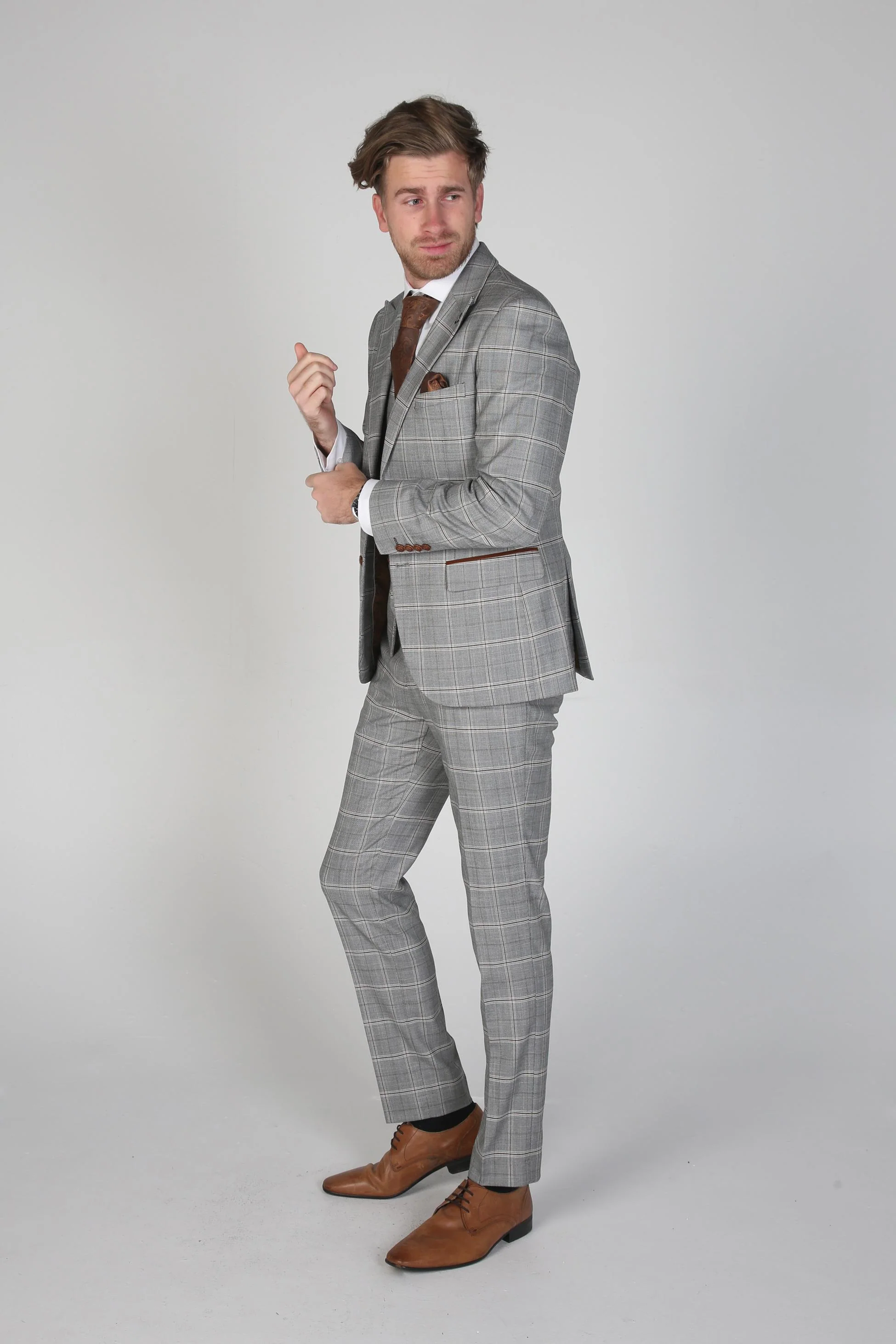 Men's Windowpane Check Grey Suit Jacket- FRANCIS - Grey - Image 3