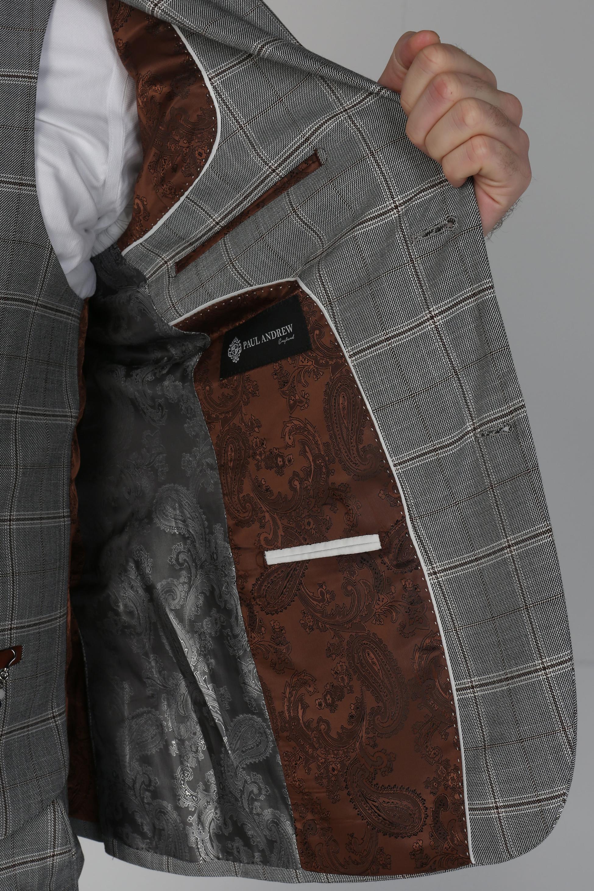 Men's Windowpane Check Grey Suit Jacket- FRANCIS - Grey - Image 5