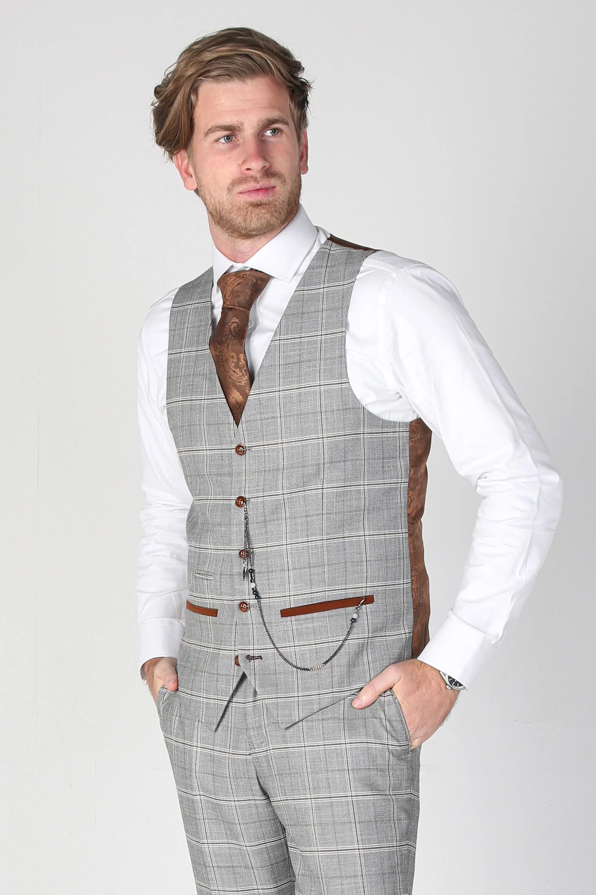 Men's Windowpane Check Grey Waistcoat - FRANCIS - Grey