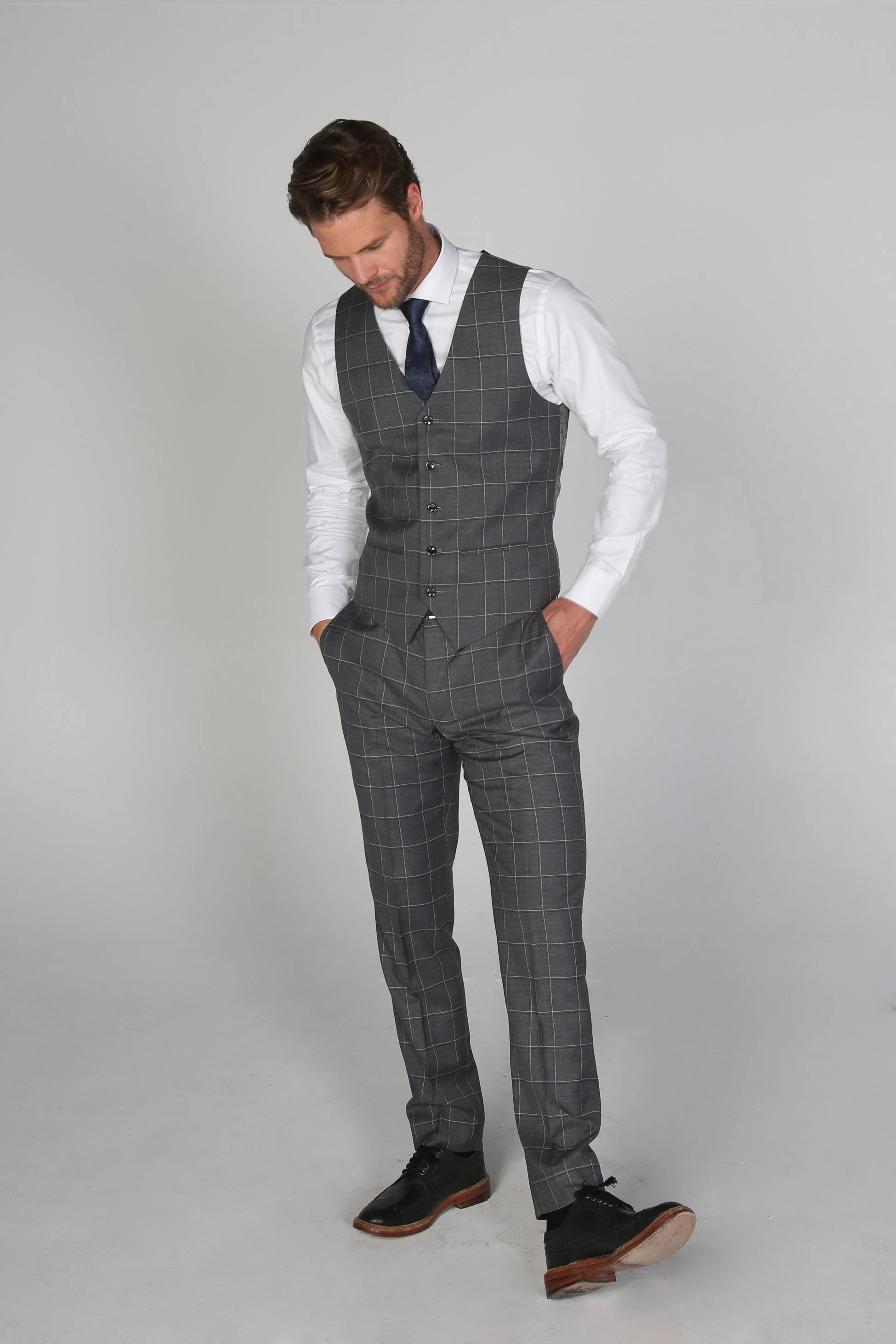 Men's Windowpane Check Tailored Fit Waistcoat - HOBBS - Grey - Image 5