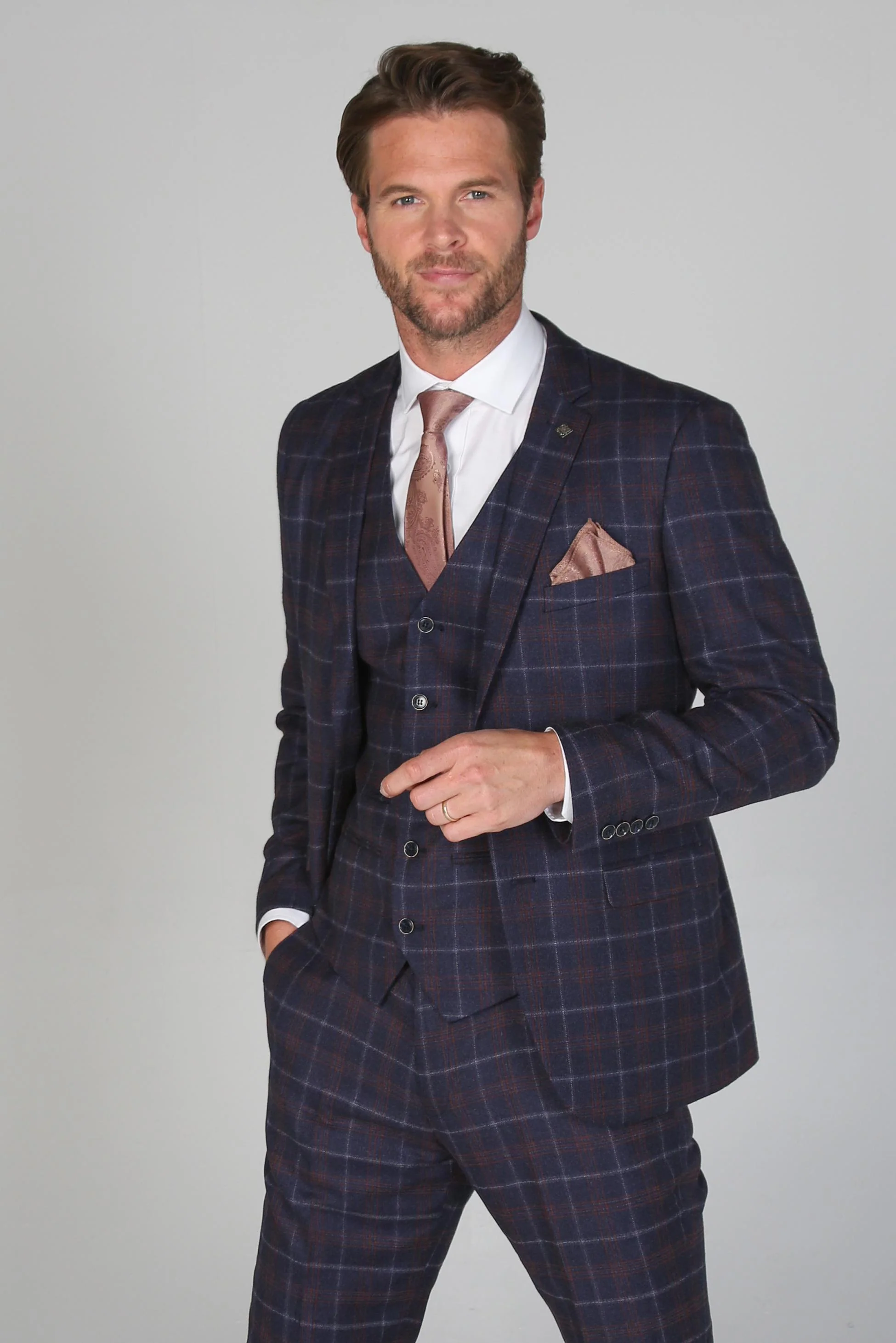 Men’s Retro Check Navy Suit Jacket- KENNETH - Navy - Image 2