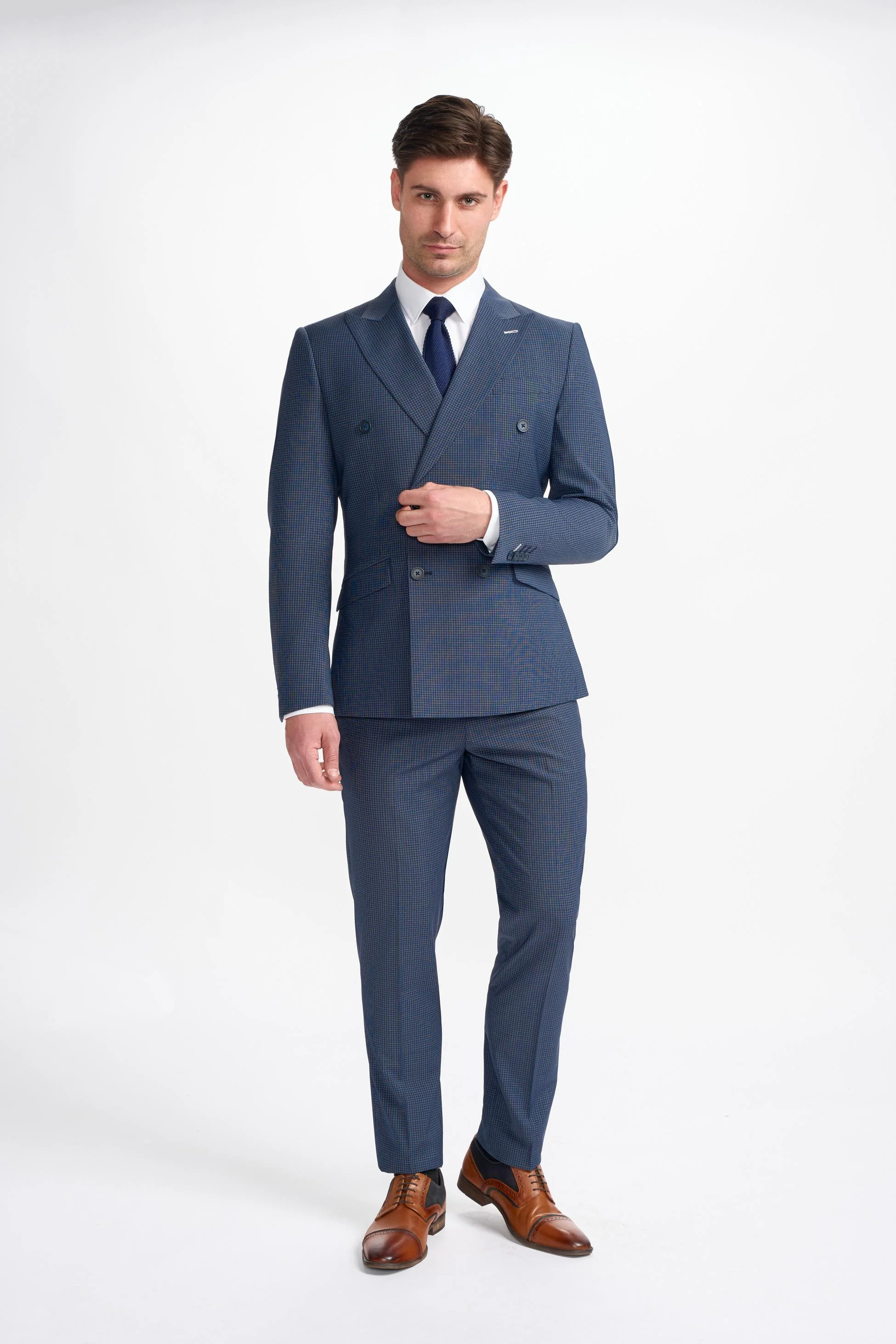 Men’s Double-breasted Check Navy Suit Jacket – BOND D/B - Navy Check - Image 2