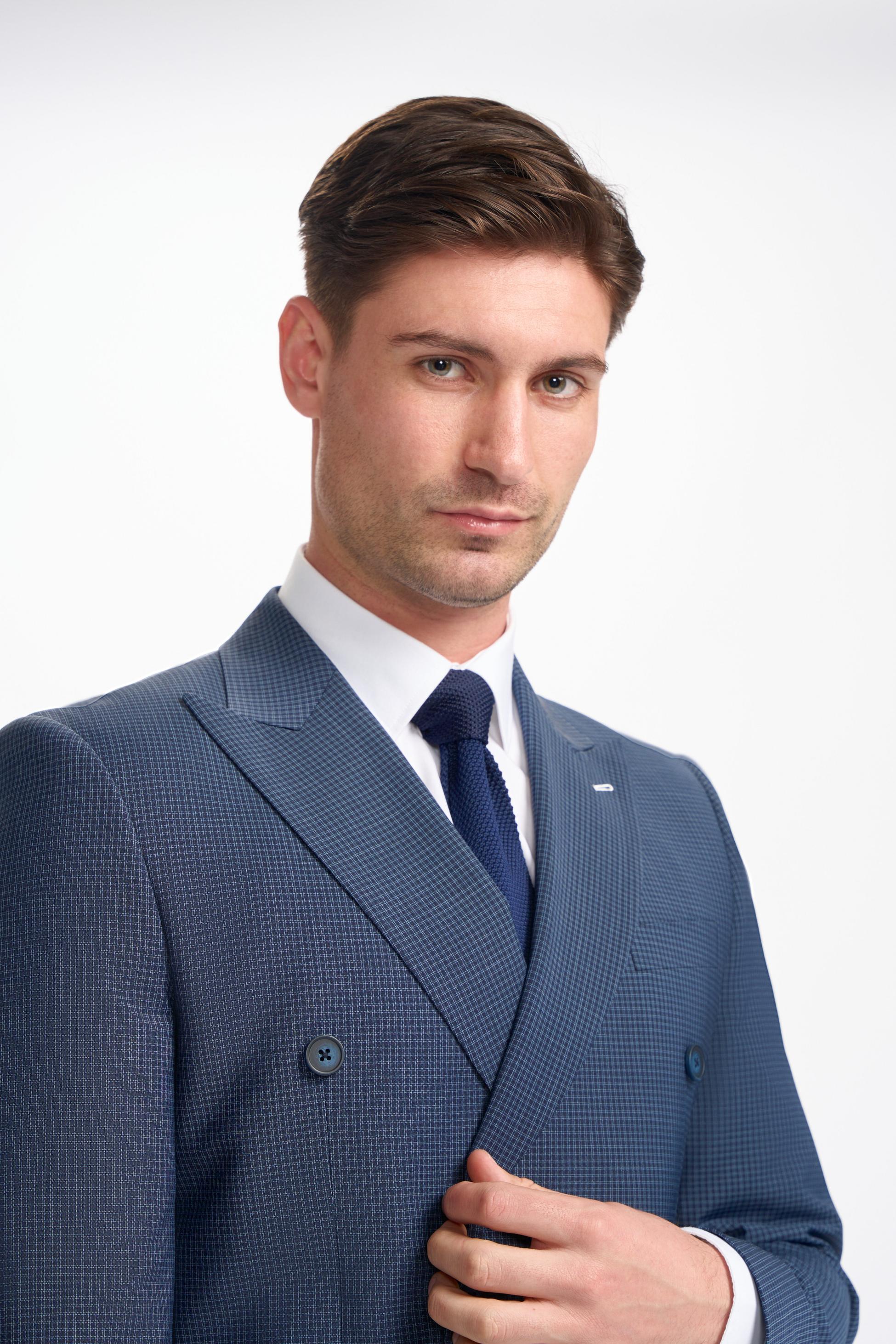 Men’s Double-breasted Check Navy Suit Jacket – BOND D/B - Navy Check - Image 4