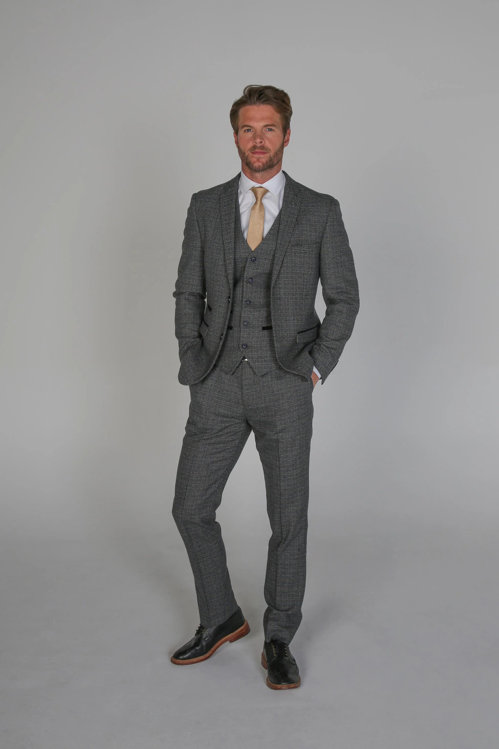 Men's Tweed-Like Tailored Fit  Formal Suit - RALPH - Grey - Image 3