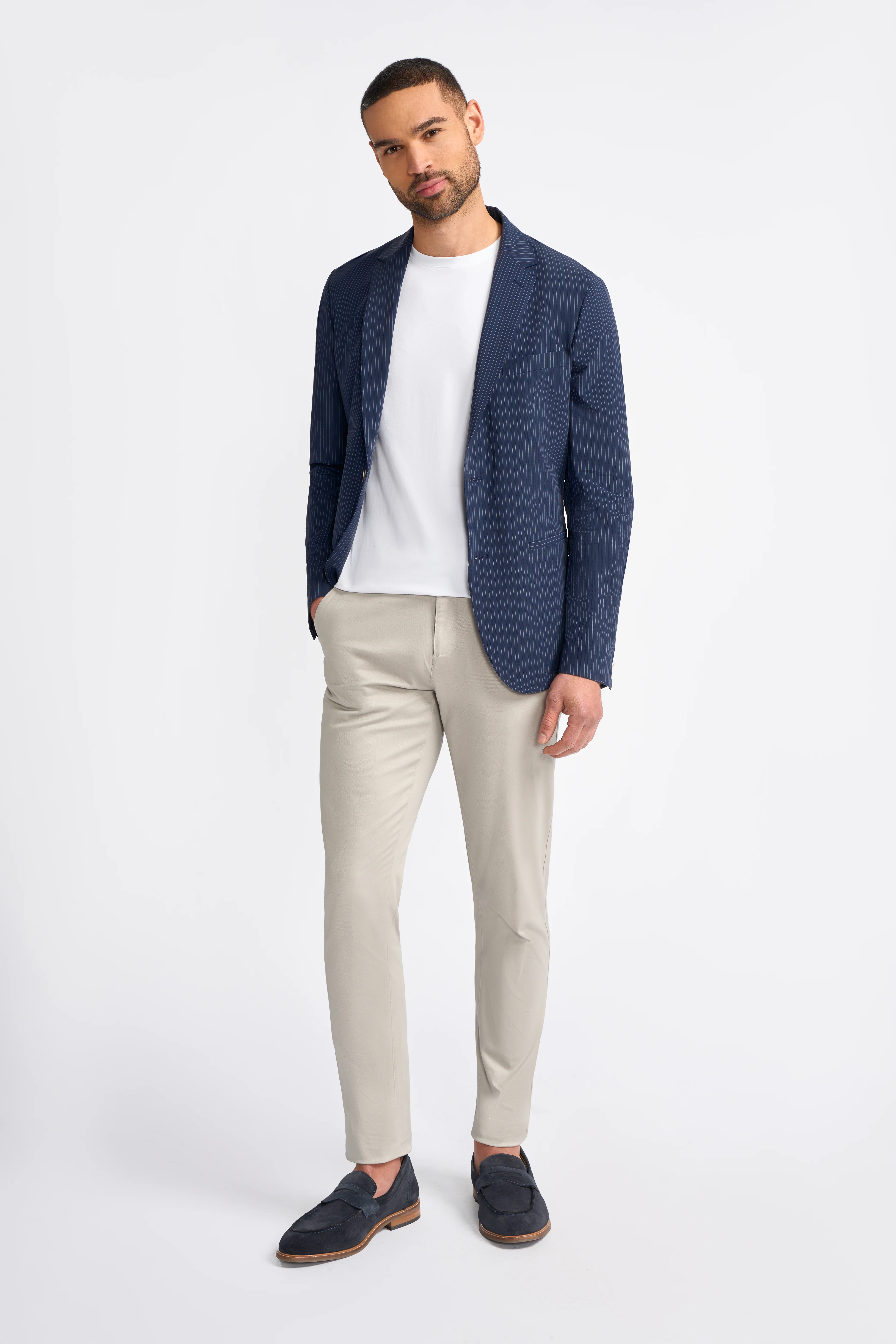 Men’s Navy Blue Pinstripe Blazer - ODENSE - Navy Blue - Image 2