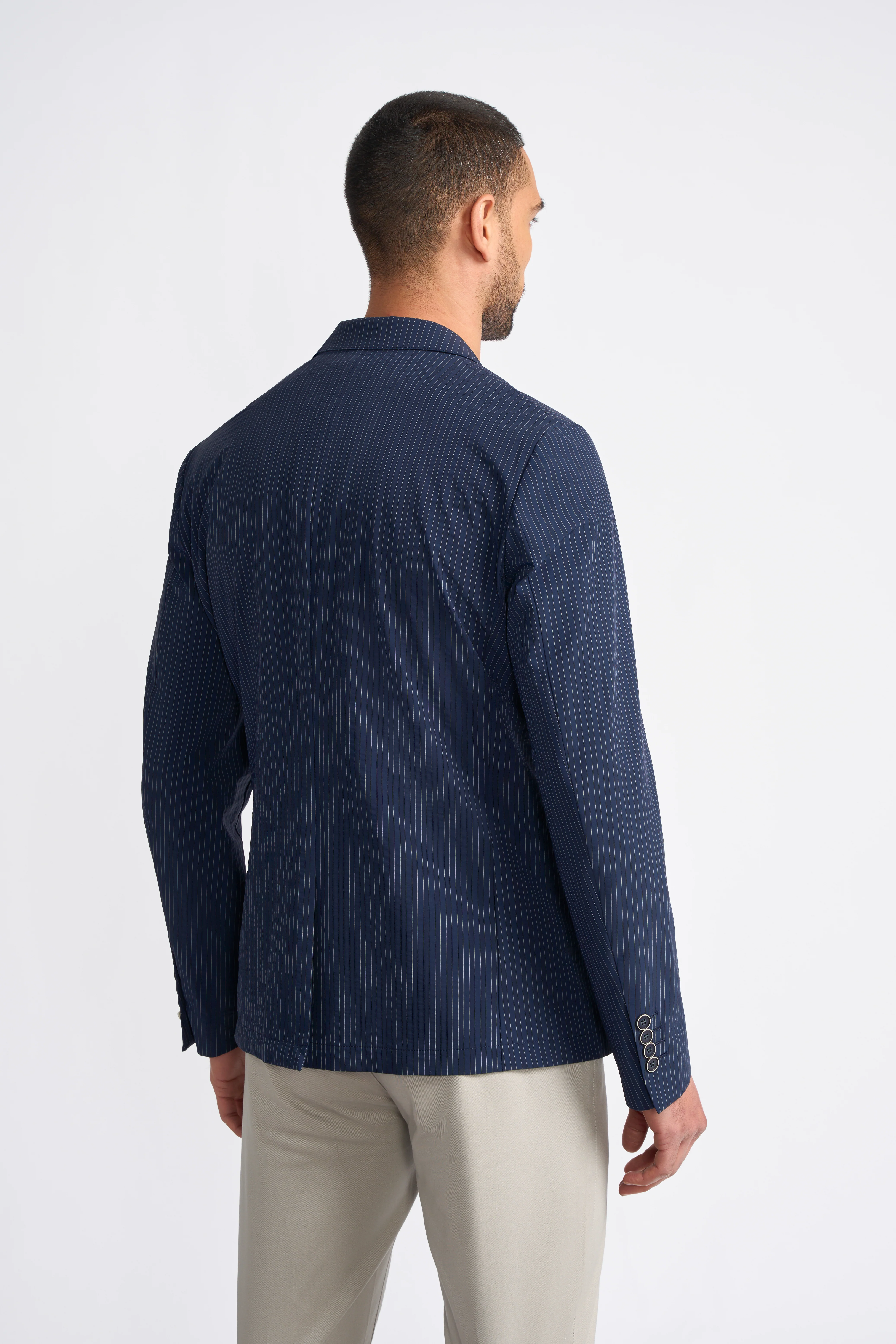 Men’s Navy Blue Pinstripe Blazer - ODENSE - Navy Blue - Image 3