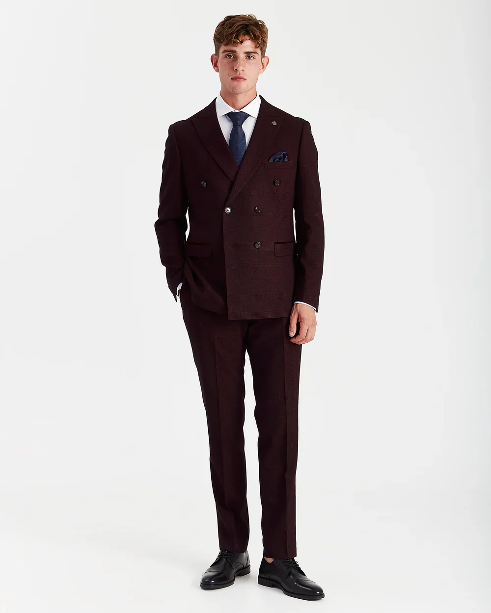 Men’s 2-Piece Double Breasted Glen Check Tweed Suit - Regent - Wine Burgundy - Image 2