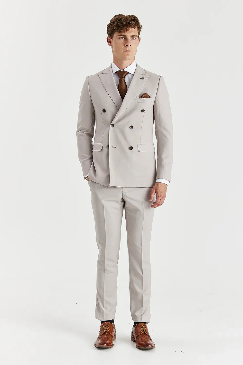 Men’s 2-Piece Tailored Fit Double Breasted Suit - MAYFAIR - Stone Beige - Image 2