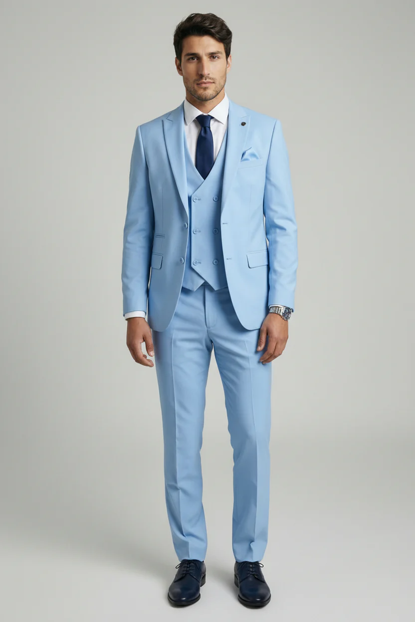 Men’s 3-Piece Formal Suit with Double Breasted Waistcoat - Karter - Pale Blue - Image 2
