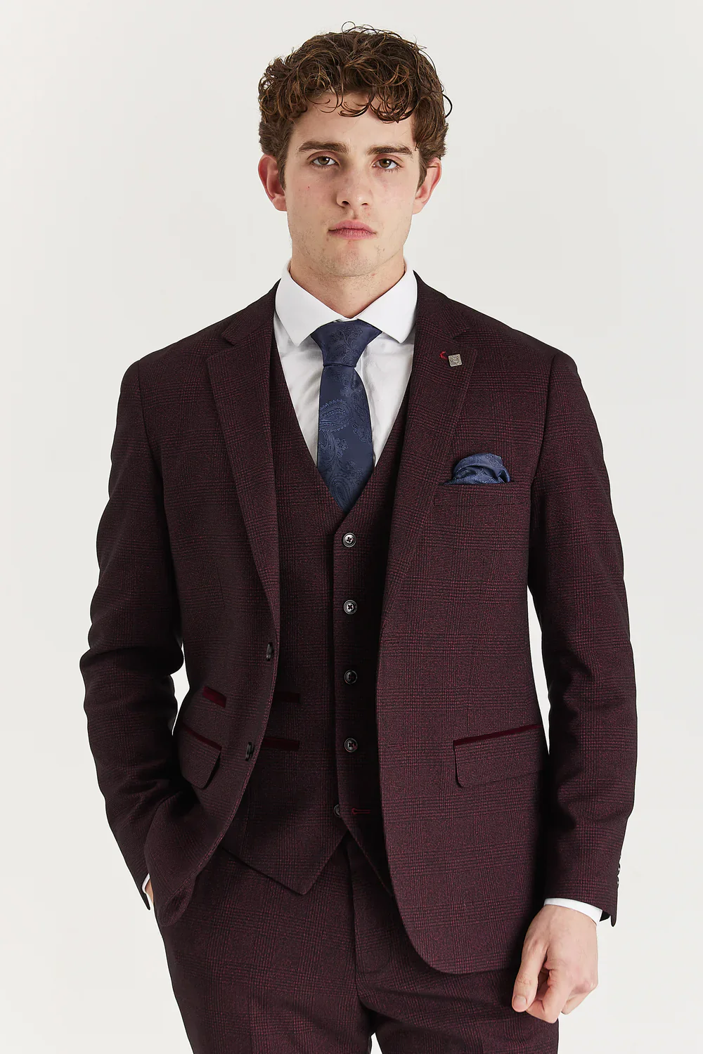 Men’s 3-Piece Glen Check Tweed Like Suit - Regent - Wine Red