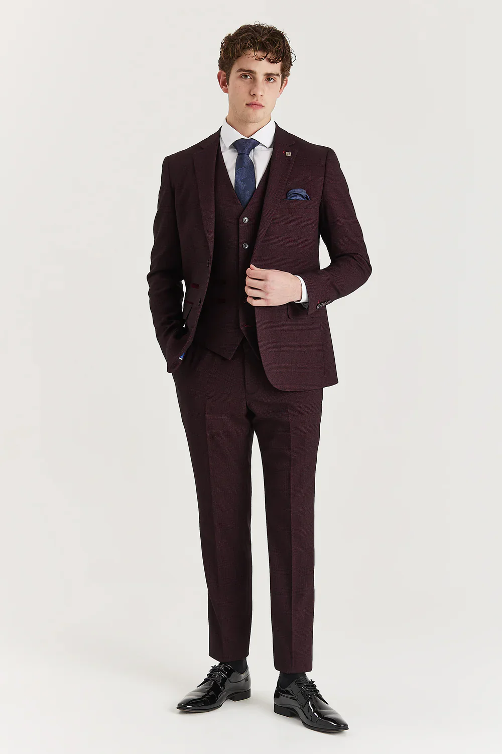 Men’s 3-Piece Glen Check Tweed Like Suit - Regent - Wine Red - Image 2