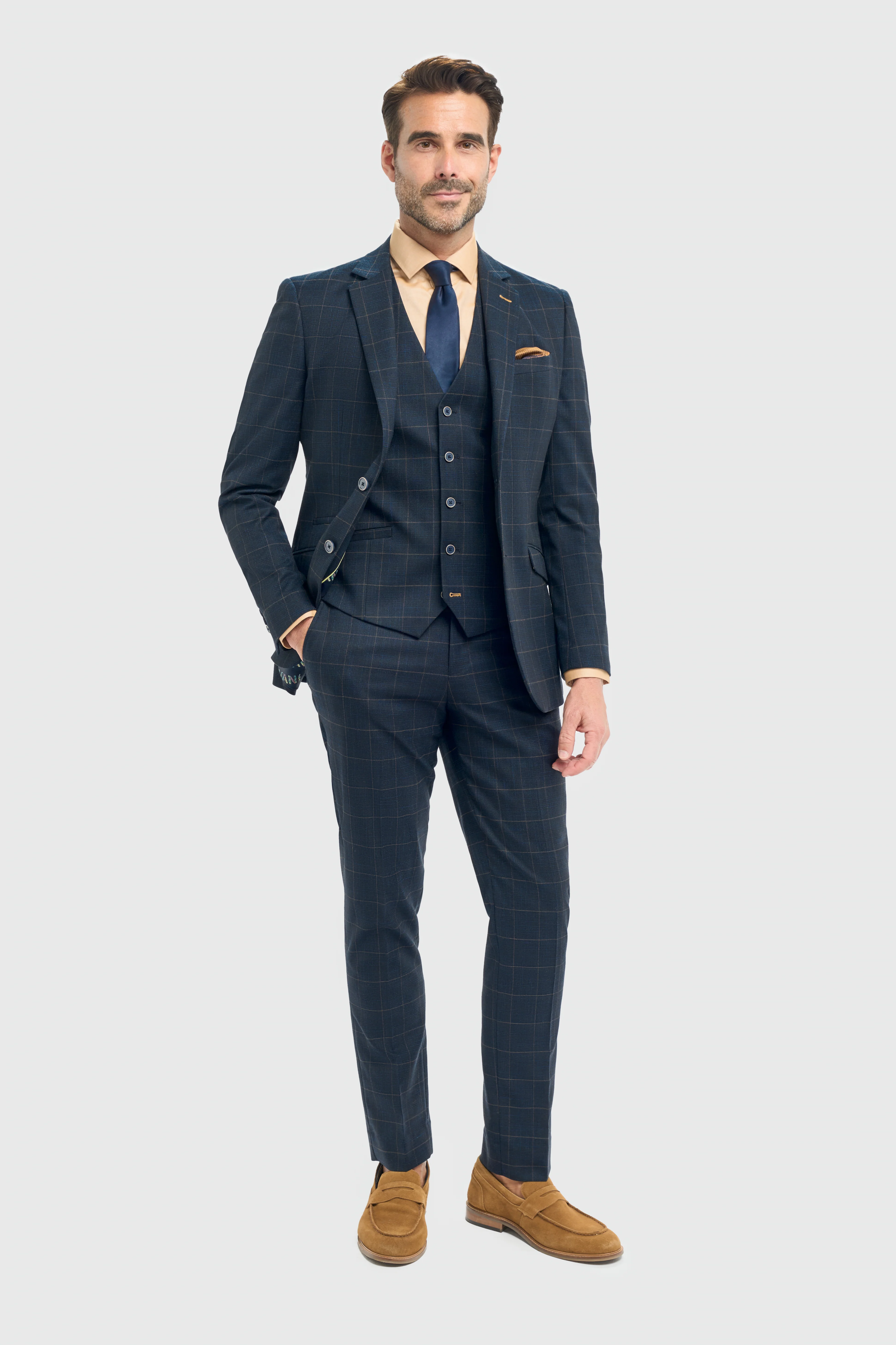 Men’s 3-Piece Windowpane Check Suit - Torino- Navy - Image 2