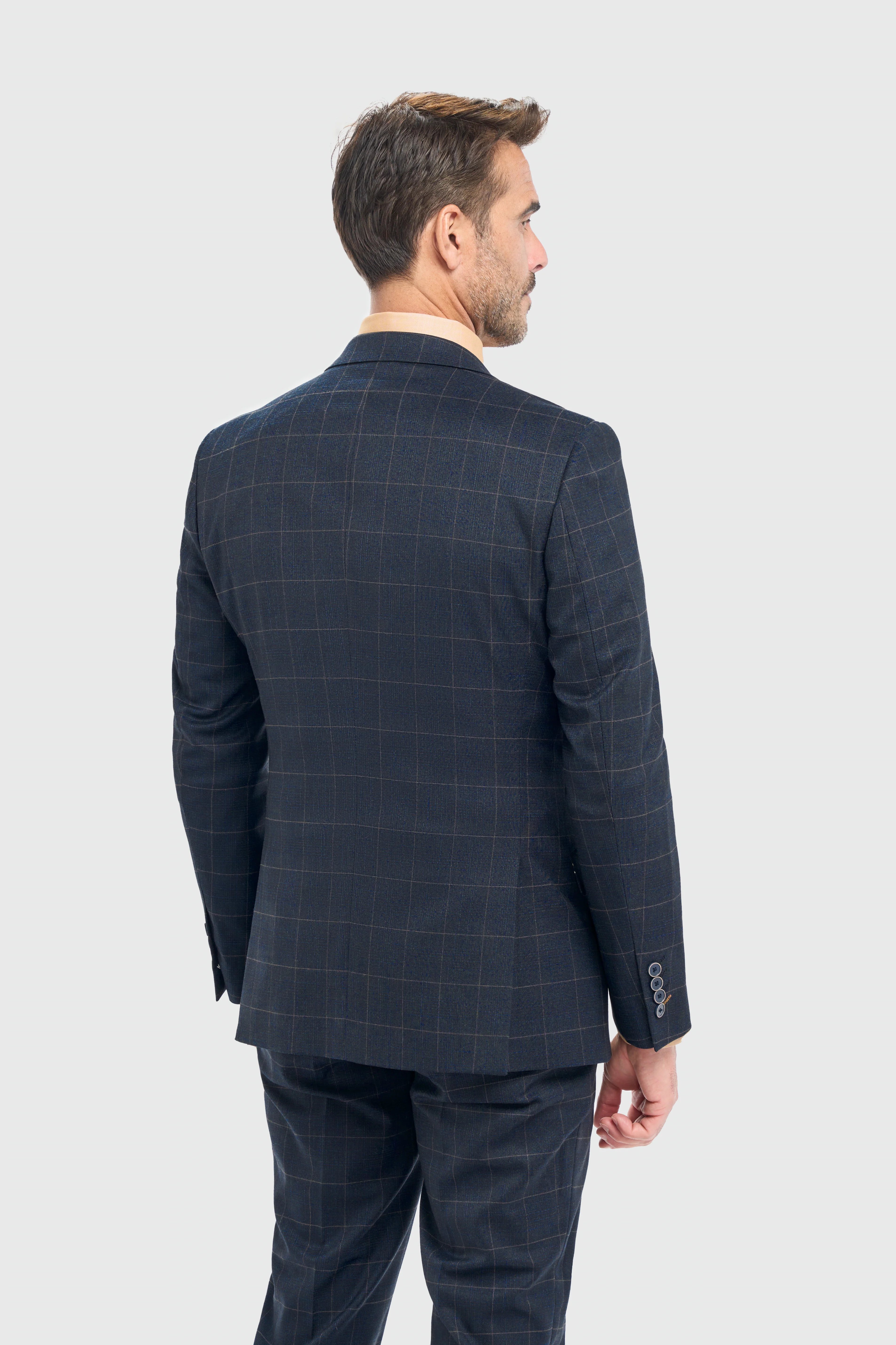 Men’s 3-Piece Windowpane Check Suit - Torino- Navy - Image 3