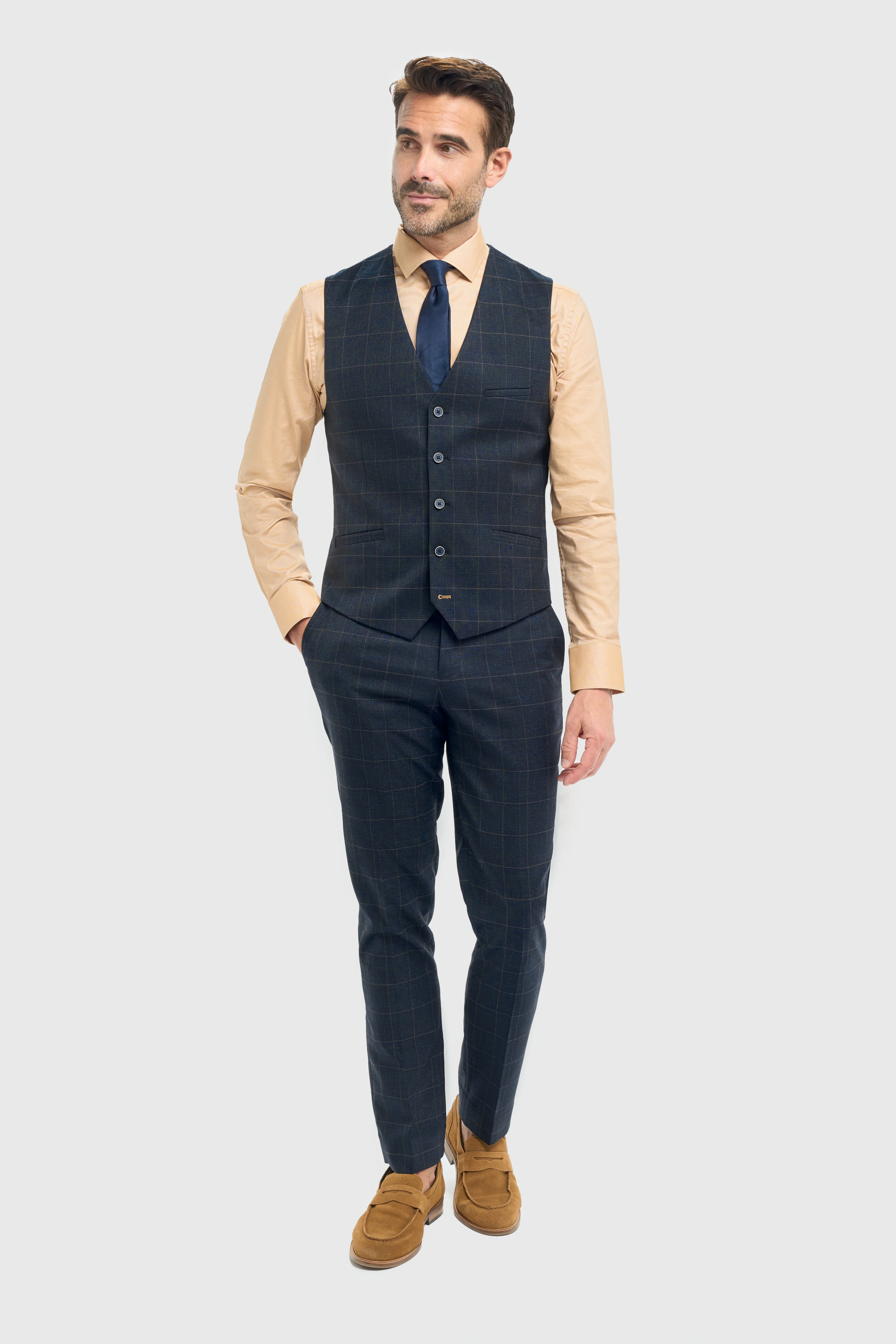 Men’s 3-Piece Windowpane Check Suit - Torino- Navy - Image 5