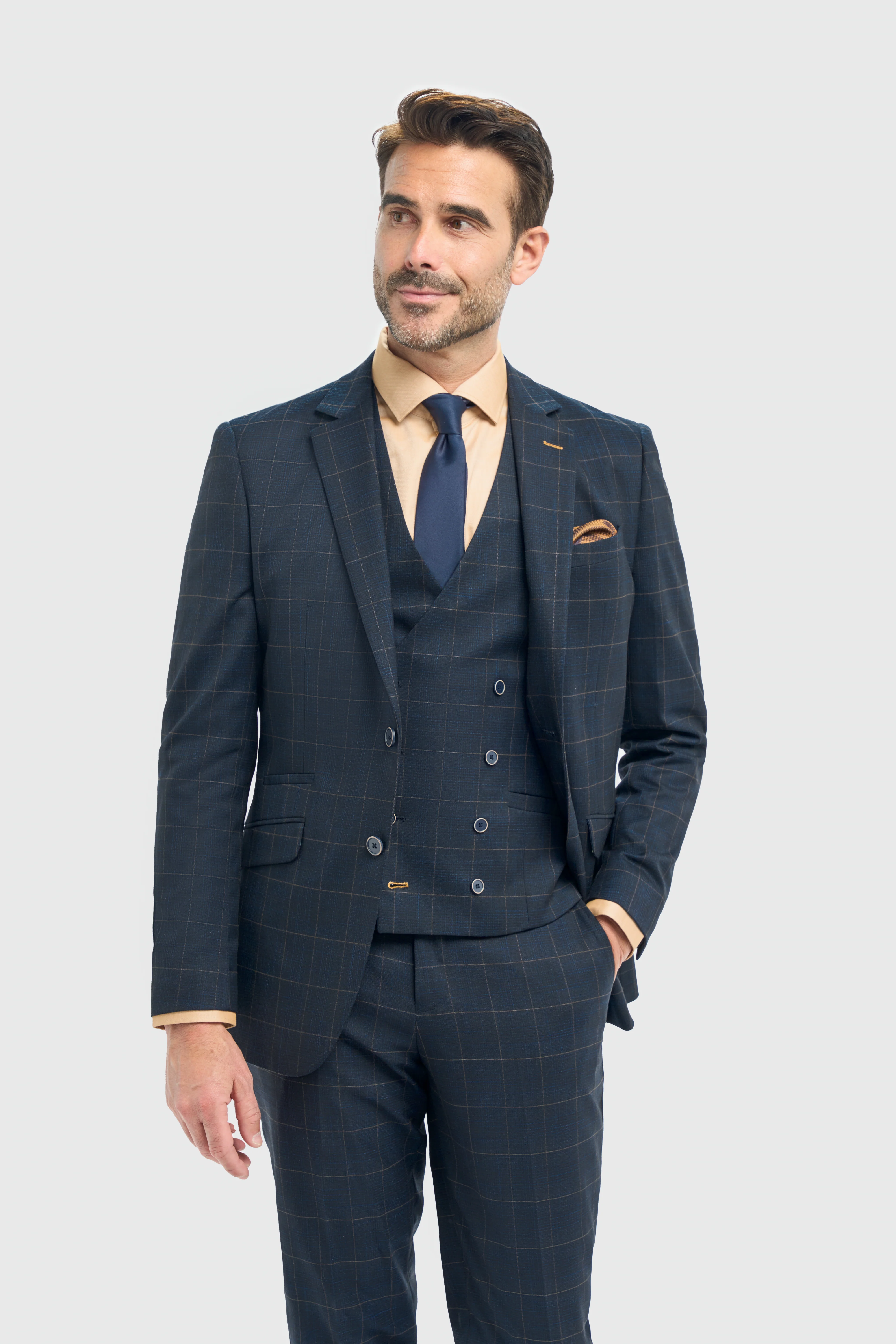Men’s 3-Piece Navy Windowpane Check Suit with Double Breasted Waistcoat - Torino