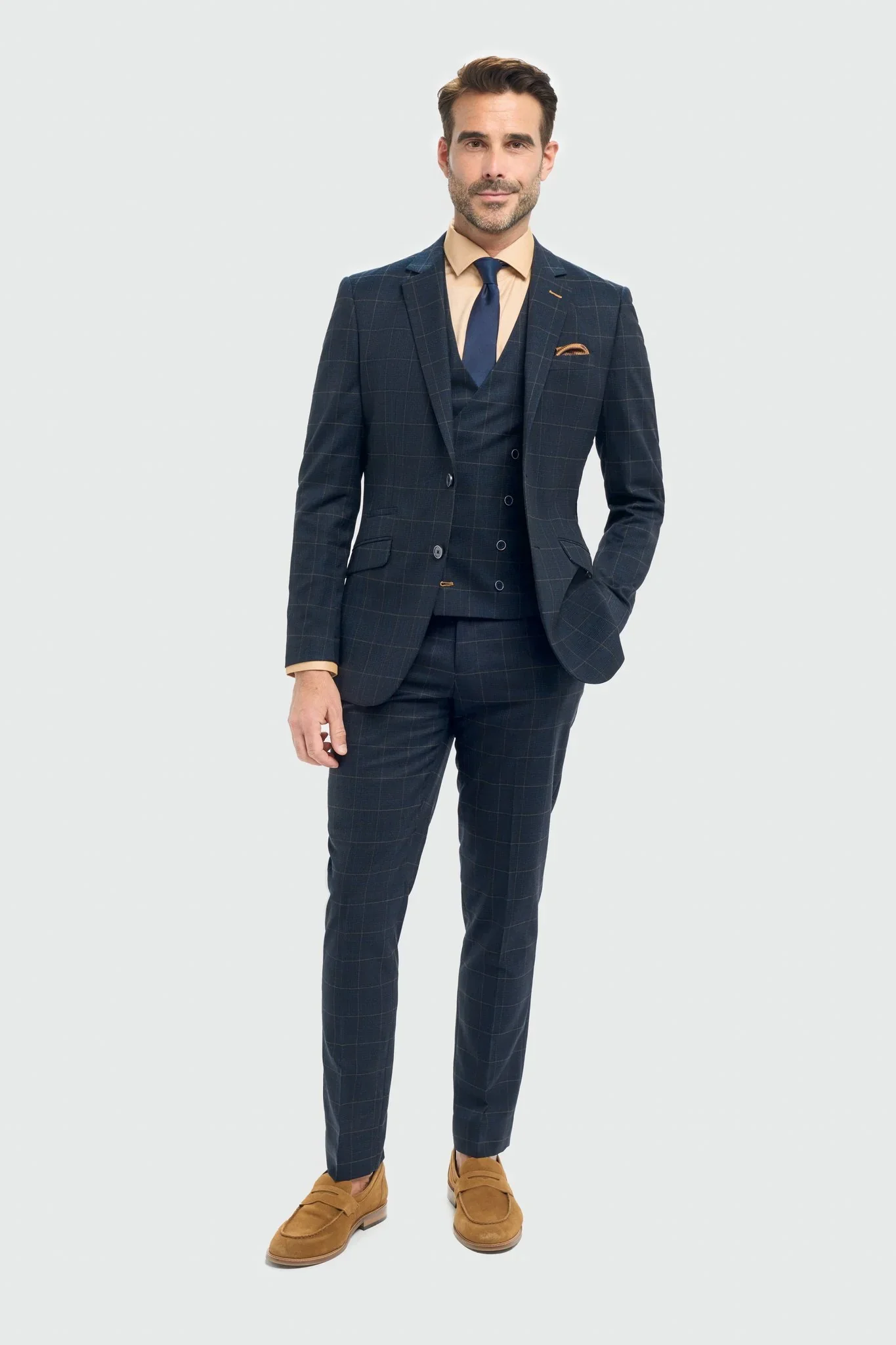 Men’s 3-Piece Navy Windowpane Check Suit with Double Breasted Waistcoat - Torino - Image 2