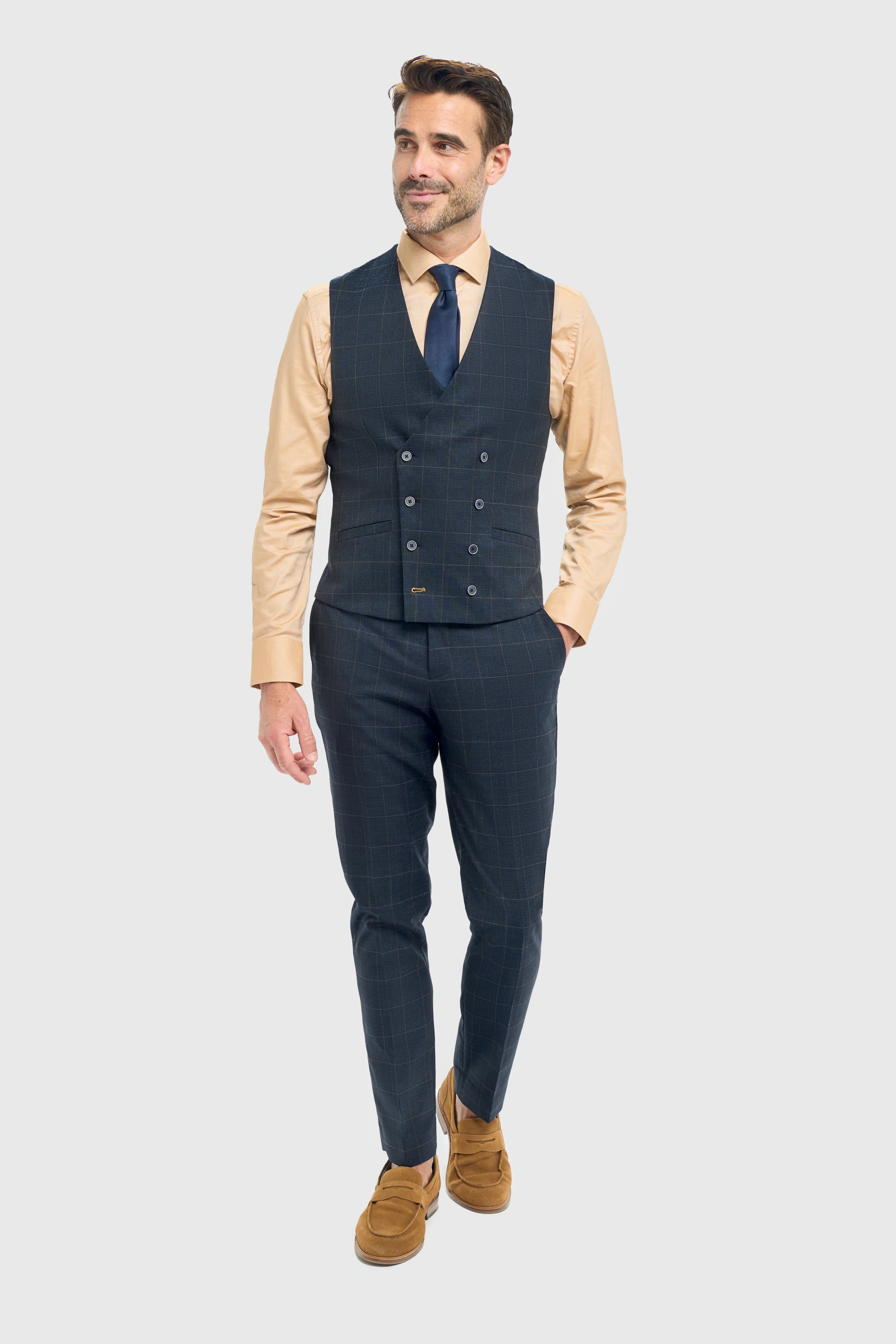 Men’s 3-Piece Navy Windowpane Check Suit with Double Breasted Waistcoat - Torino - Image 6