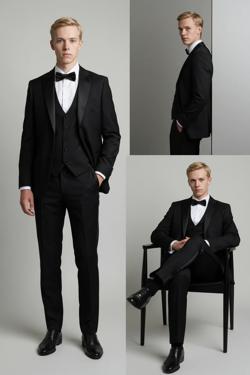 Men’s 3-Piece Satin Lapel Tuxedo Suit - Edward - Black - Image 11