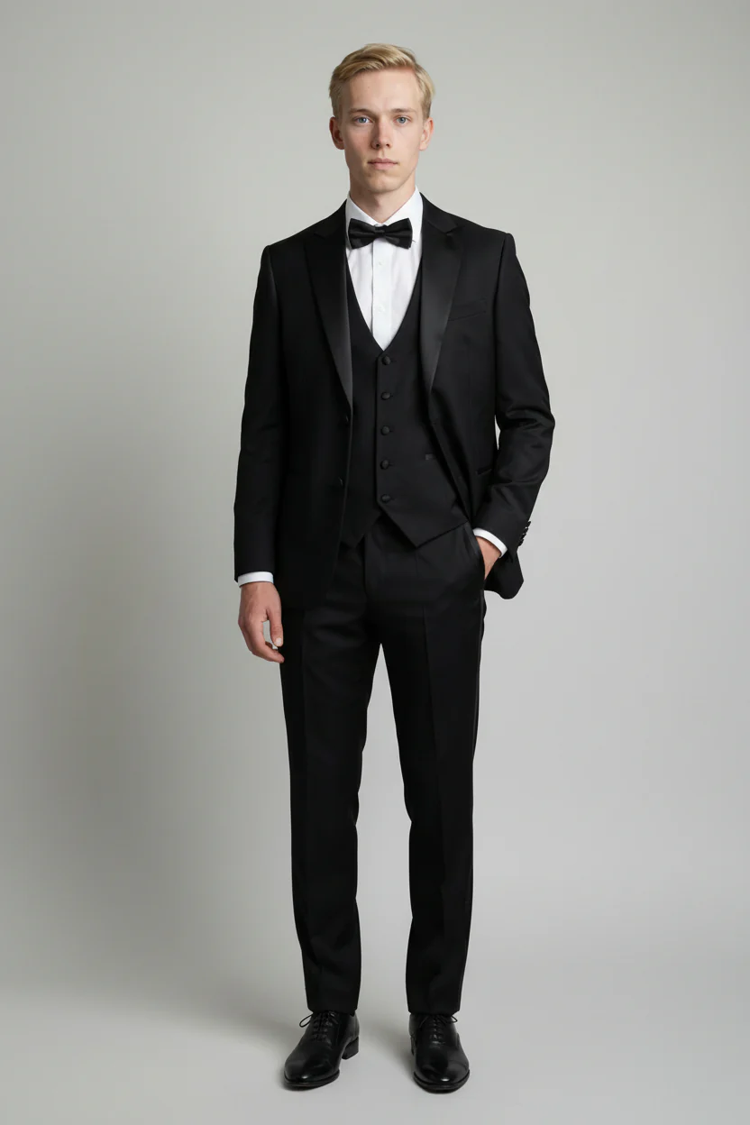 Men’s 3-Piece Satin Lapel Tuxedo Suit - Edward - Black - Image 2