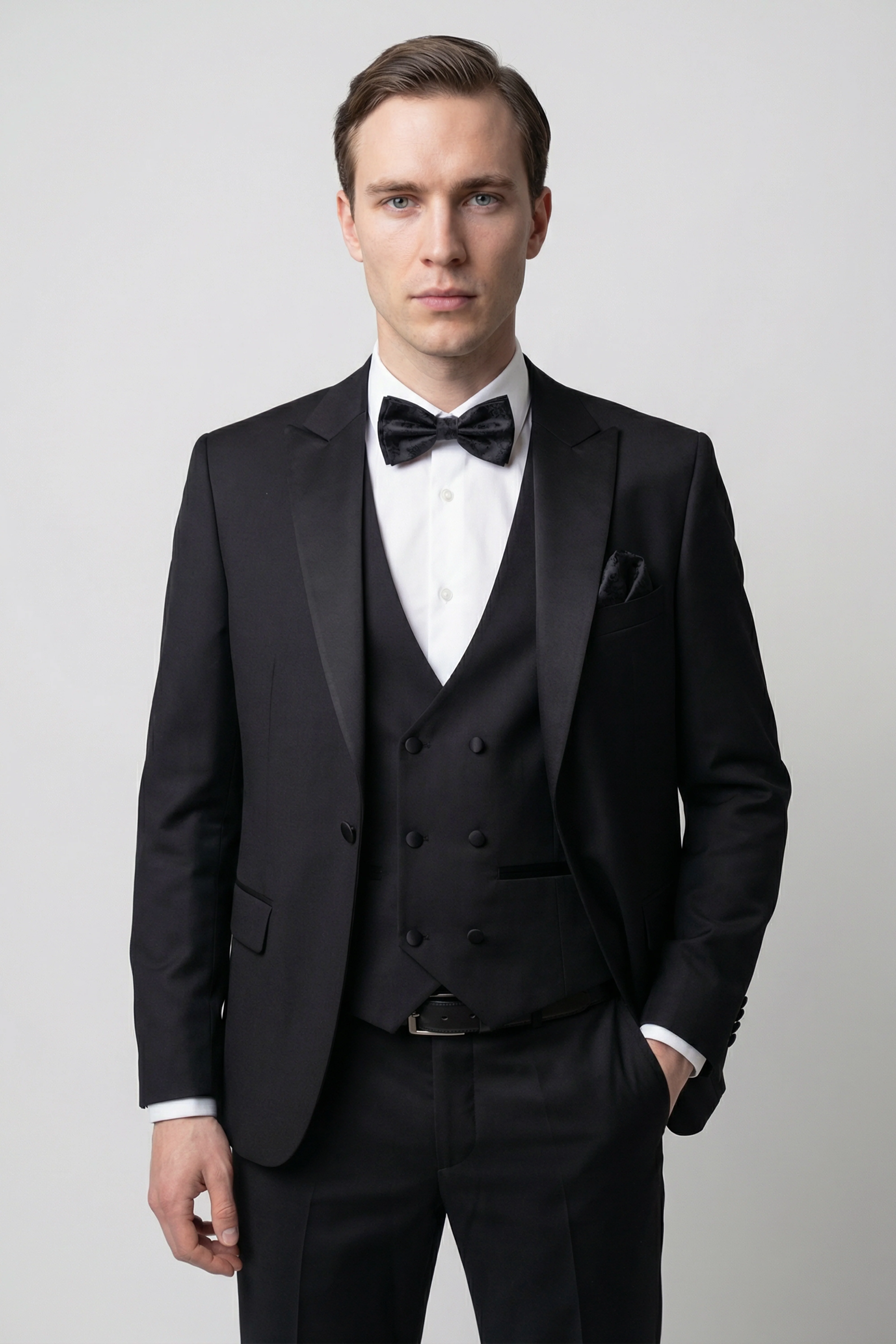 Men’s 3-Piece Satin Lapel Tuxedo Suit with Double Breasted Waistcoat - Black