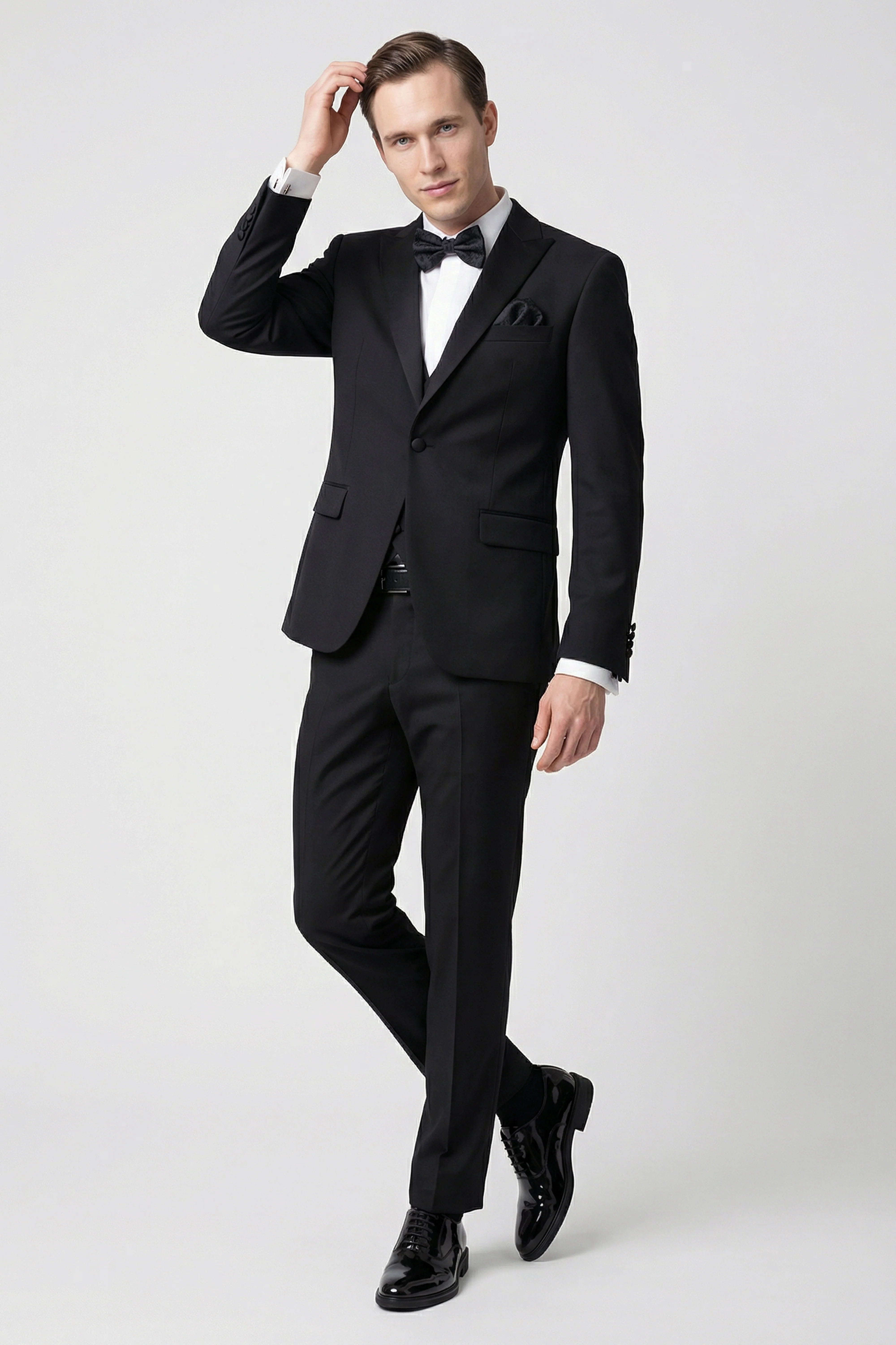Men’s 3-Piece Satin Lapel Tuxedo Suit with Double Breasted Waistcoat - Black - Image 2