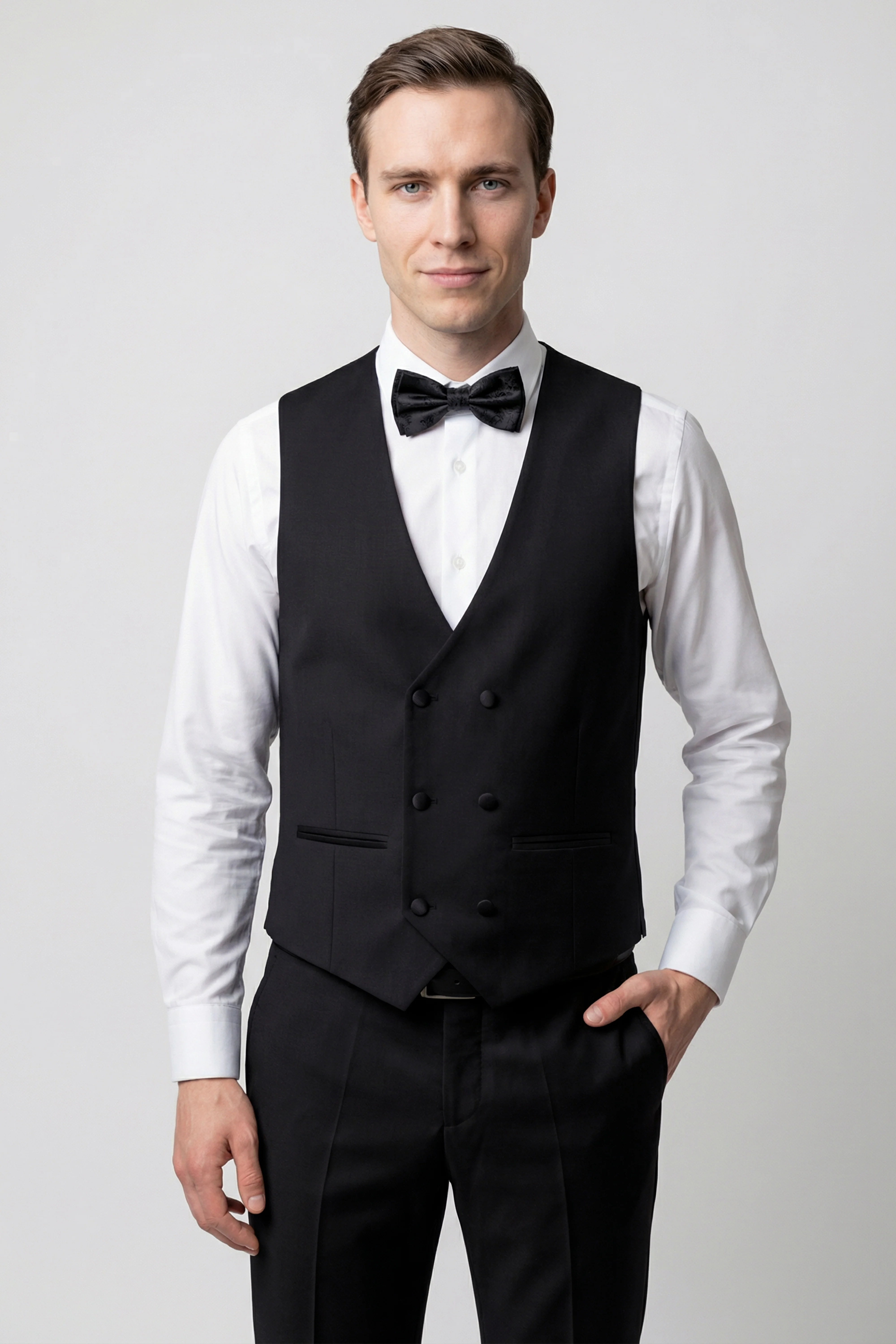 Men’s 3-Piece Satin Lapel Tuxedo Suit with Double Breasted Waistcoat - Black - Image 3