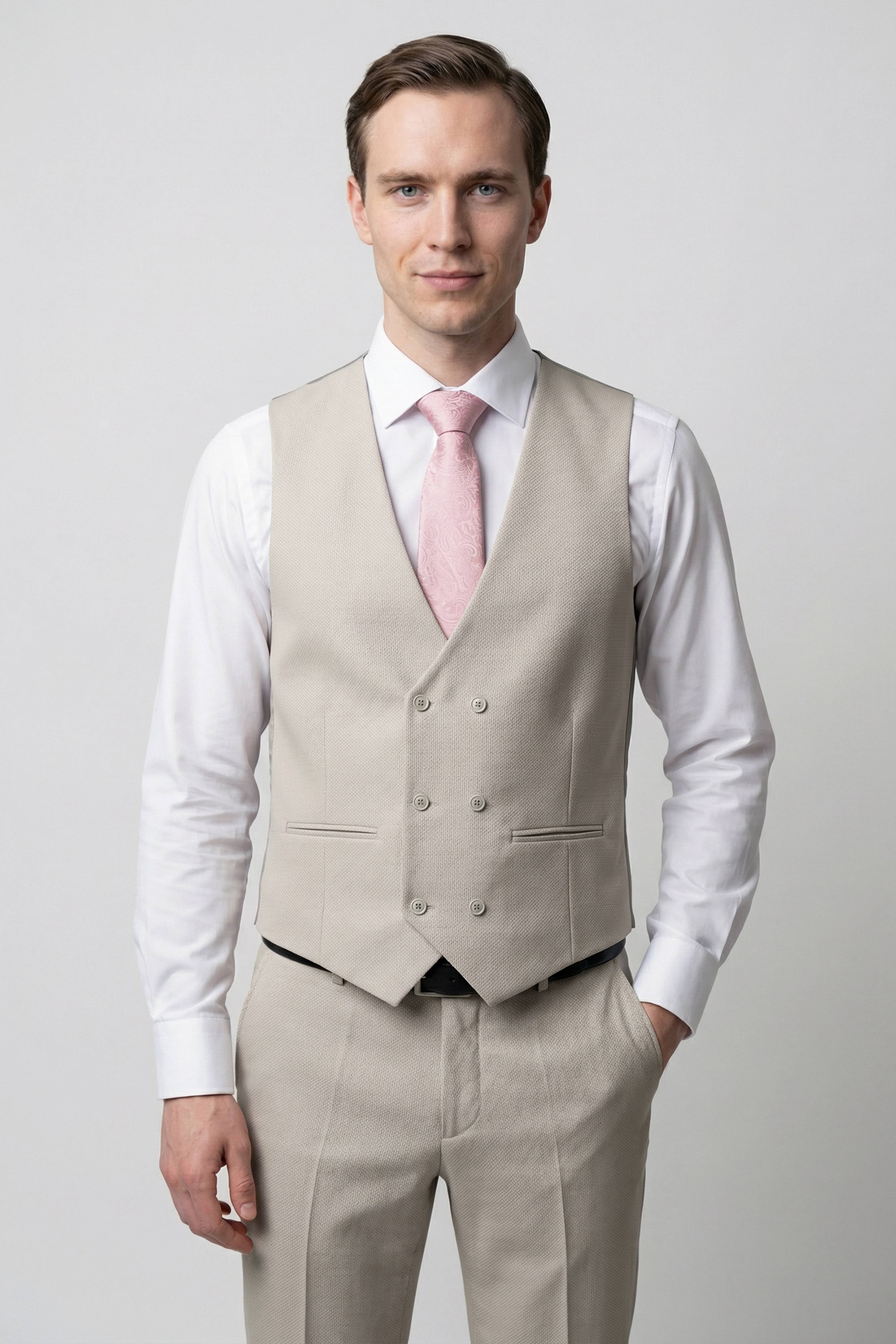 Men’s 3-Piece Textured Formal Suit with Double Breasted Waistcoat - Core - Beige - Image 3