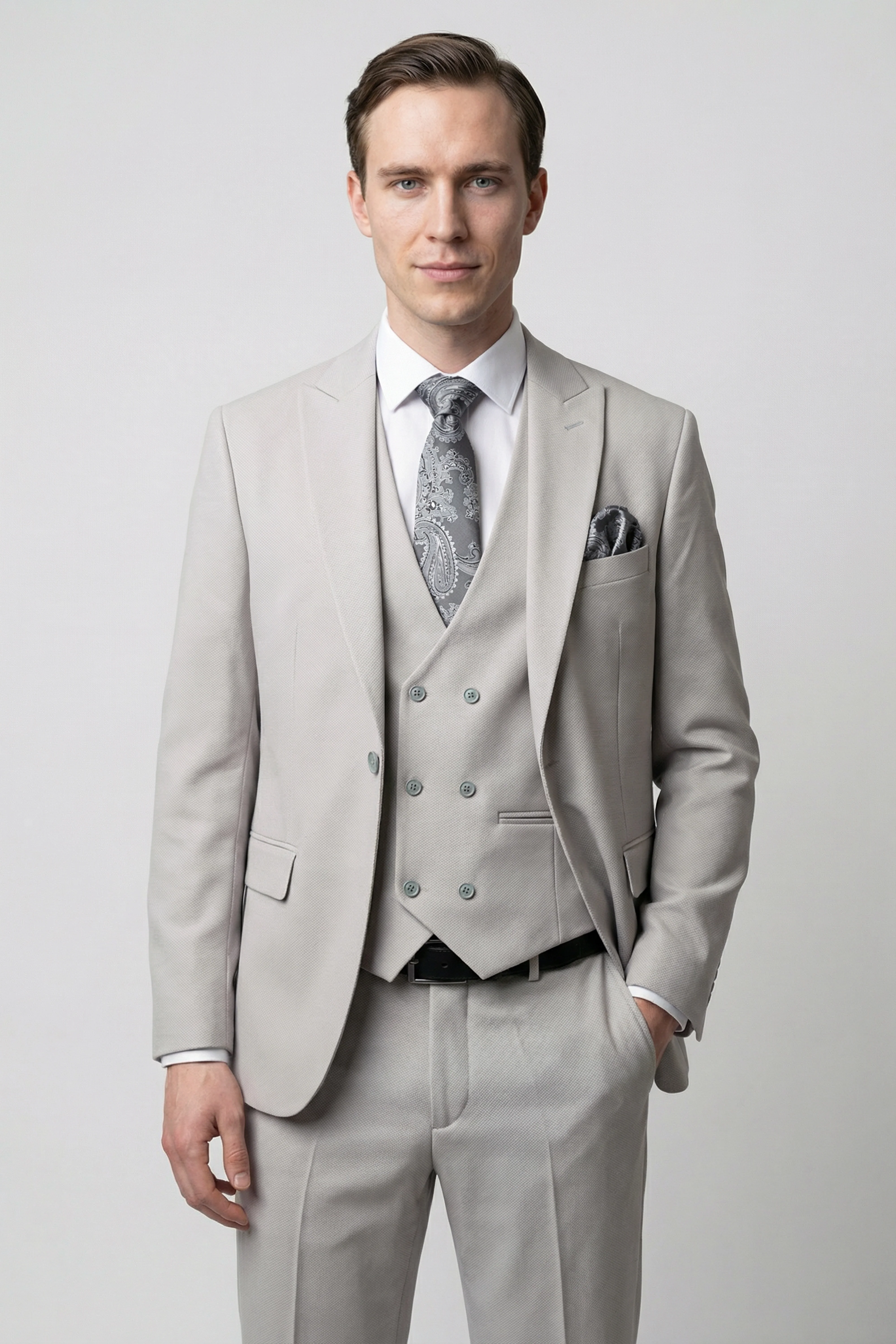 Men’s 3-Piece Textured Formal Suit with Double Breasted Waistcoat - Core - Stone Grey