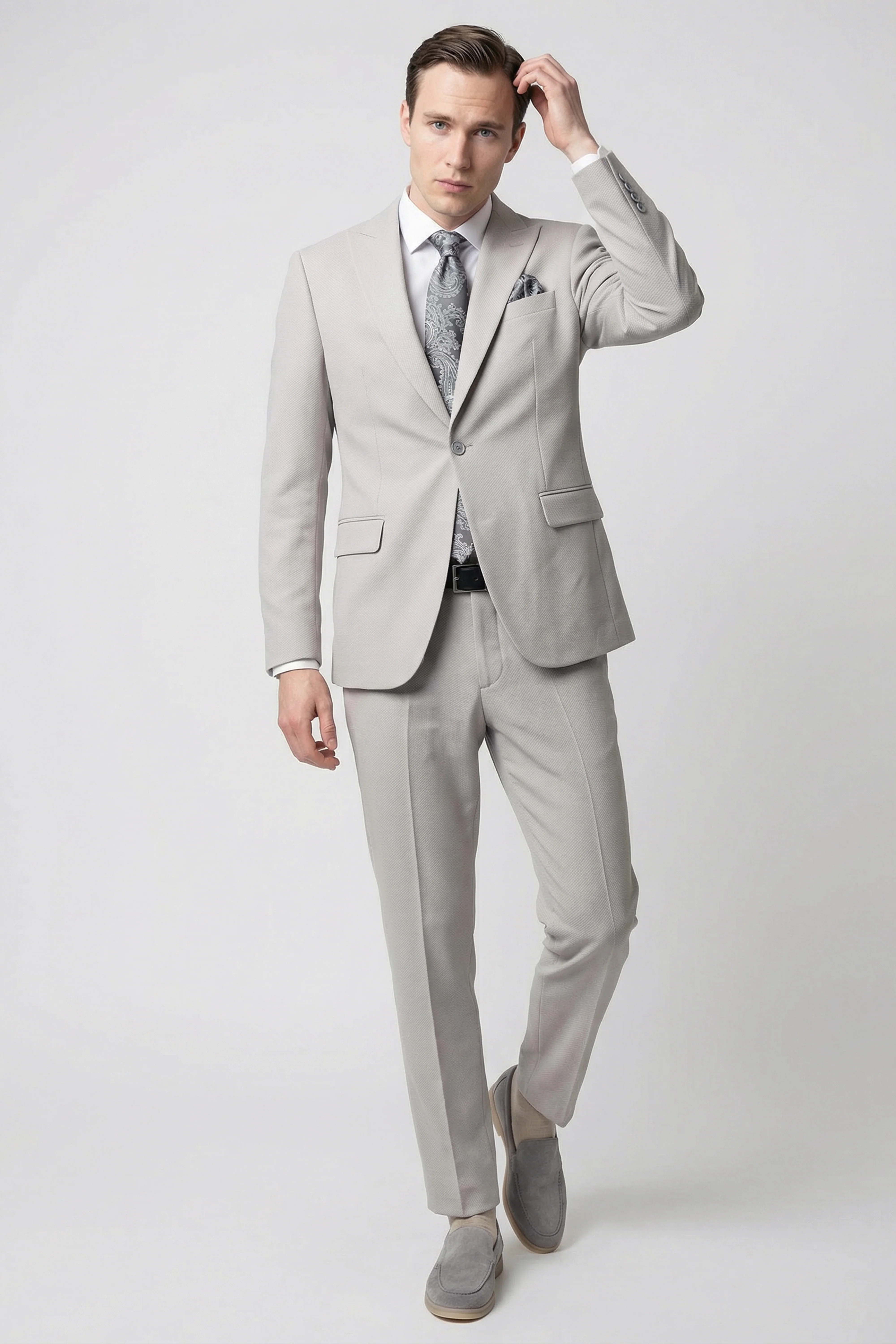 Men’s 3-Piece Textured Formal Suit with Double Breasted Waistcoat - Core - Stone Grey - Image 2