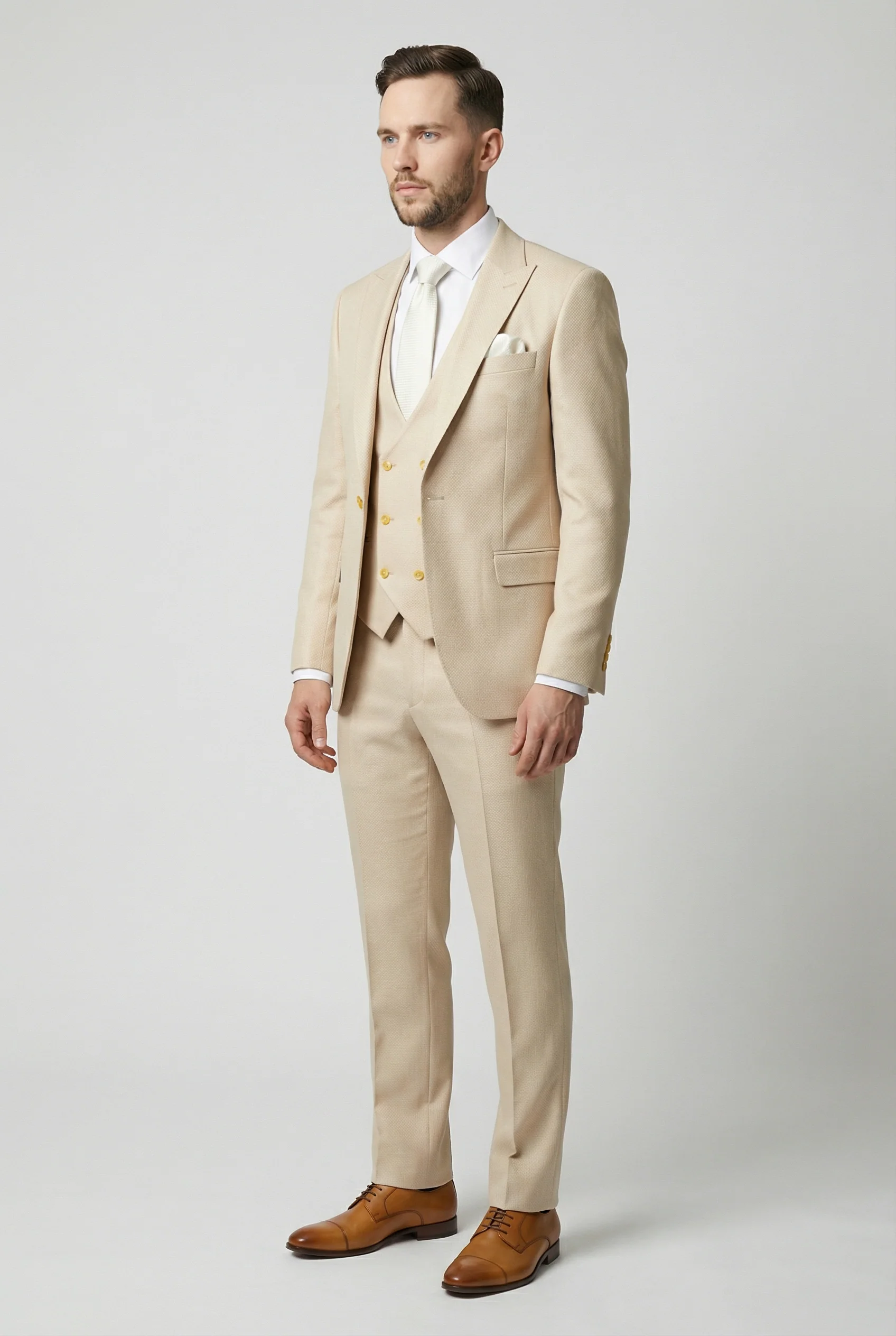 Men’s 3-Piece Textured Suit with Double-Breasted Waistcoat - CORE - Beige - Image 3