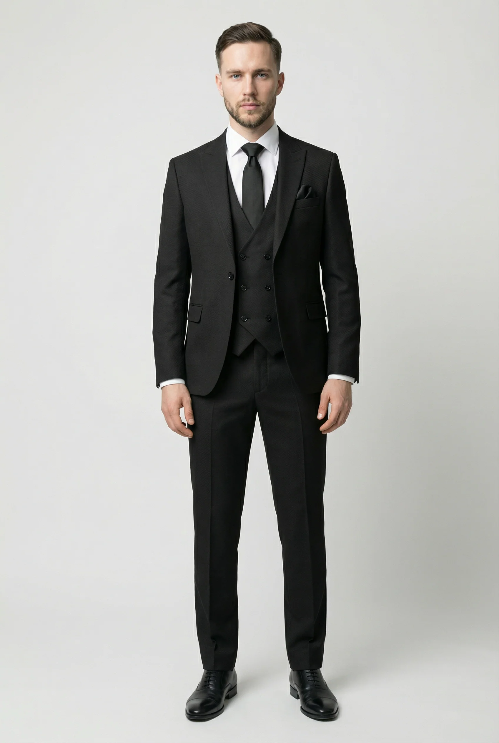 Men’s 3-Piece Textured Suit with Double-Breasted Waistcoat - CORE - Black - Image 2